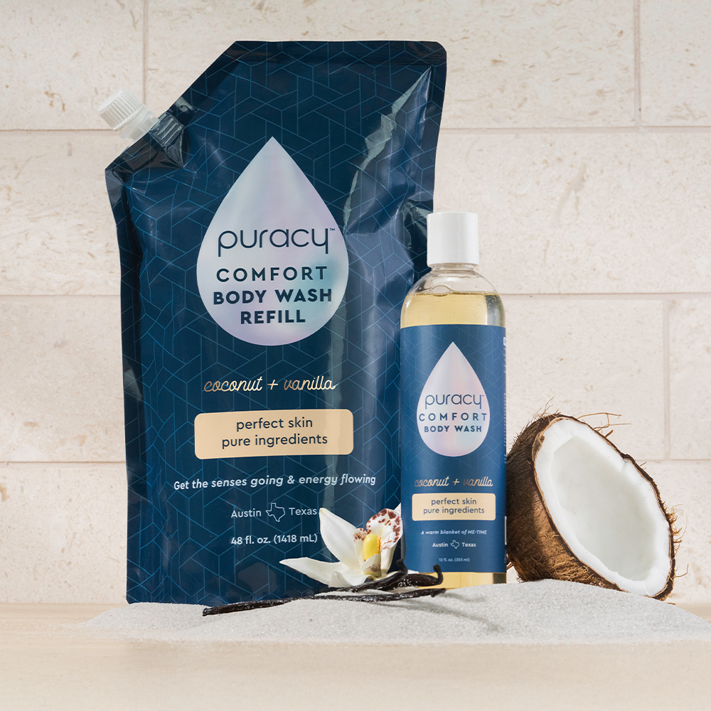 Puracy acidified pH balanced body wash in a refill bottle, gentle and hydrating for clean, refreshed skin.