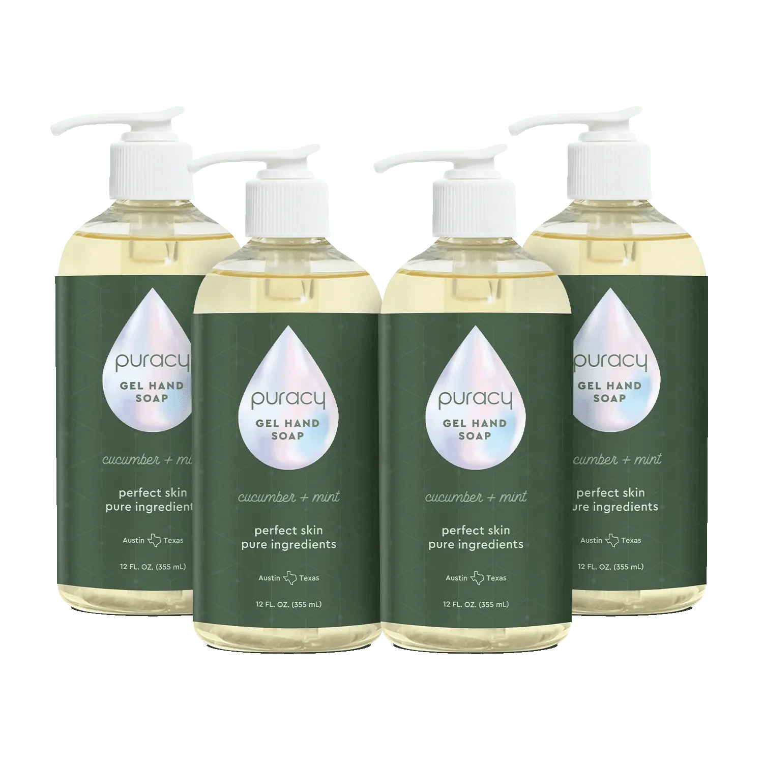 Puracy Gel Hand Soap in a pump dispenser, clear bottle with white and green label, designed for gentle hand cleansing.