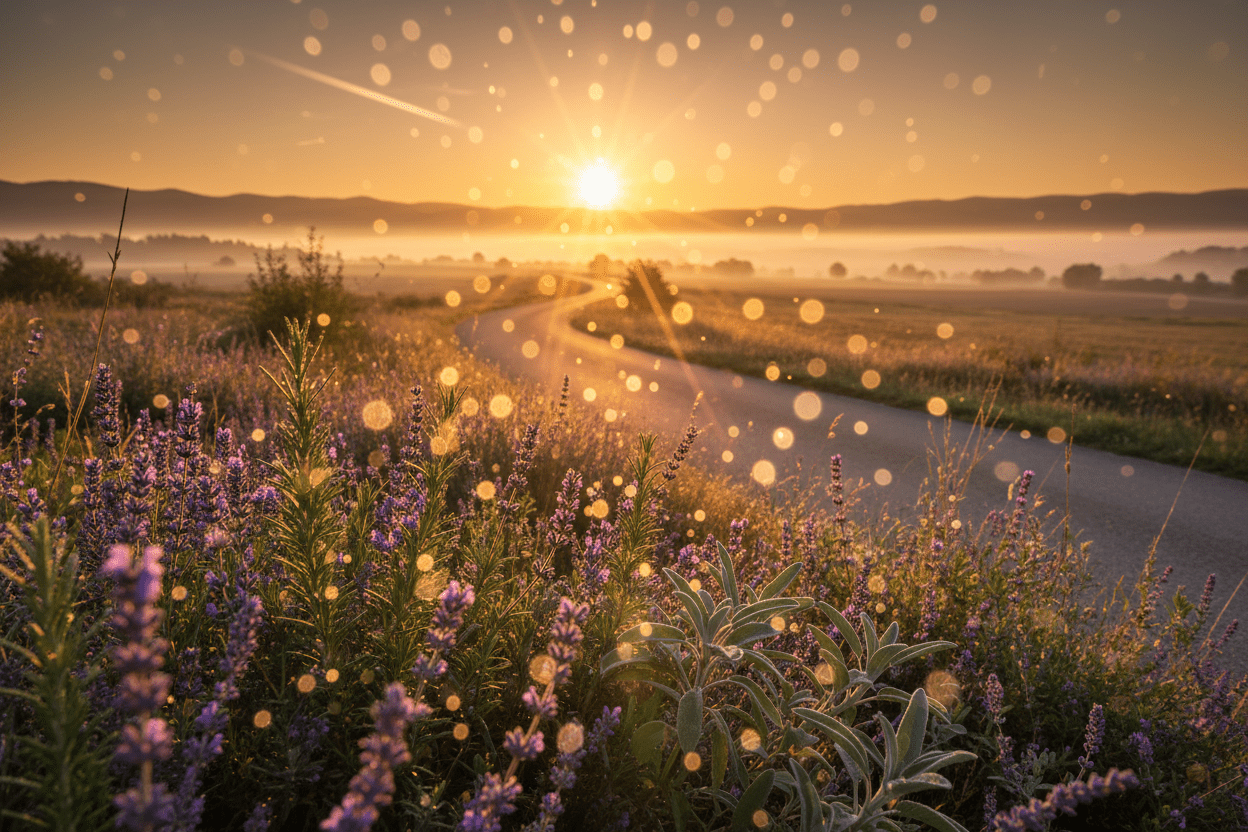 Cinematic image of a winding road at sunrise with wild herbs and sparkling light, representing success, good luck, and spiritual cleansing.