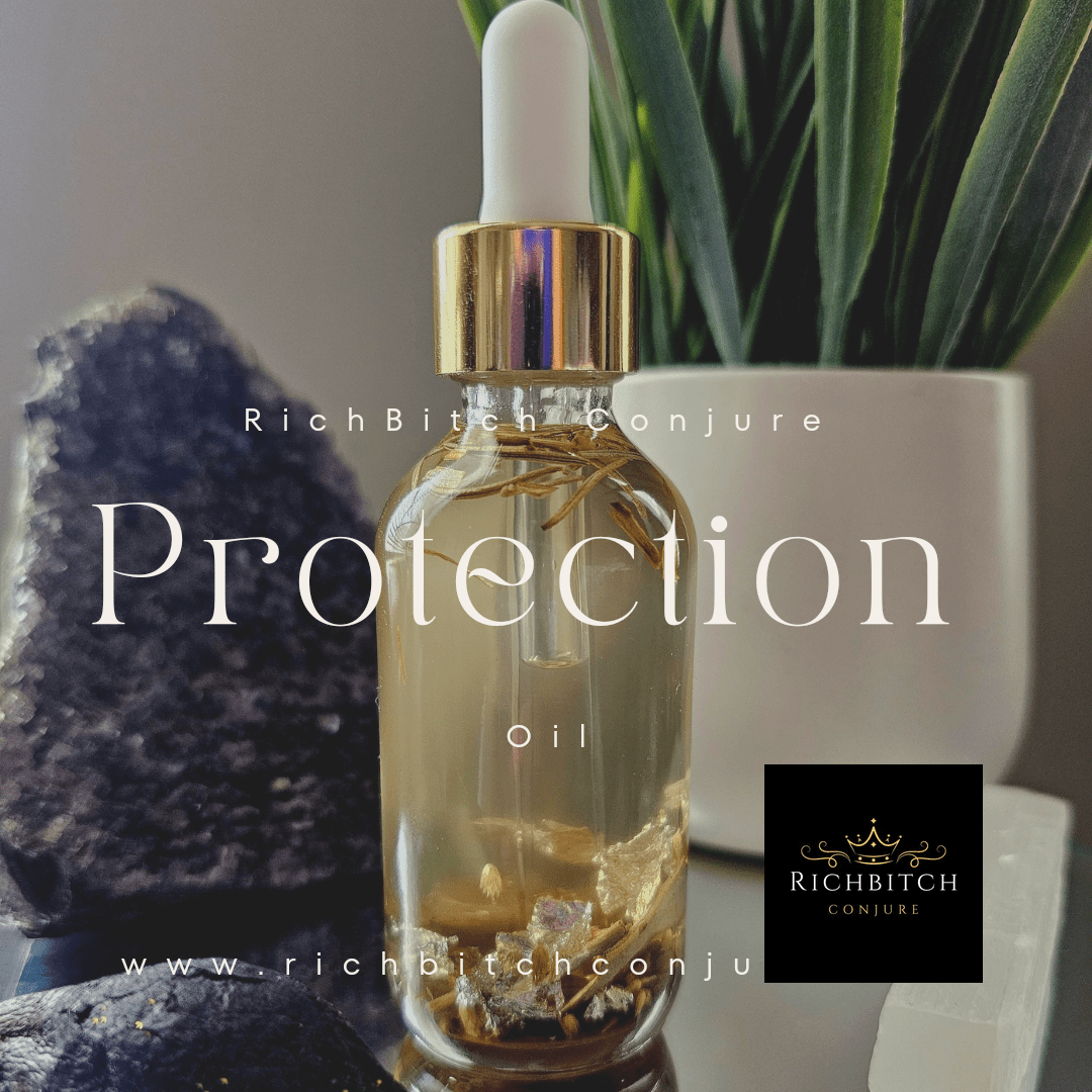 Rich Bitch Conjure Hoodoo Protection Oil in a sleek bottle, suitable for spiritual protection and ritual use.