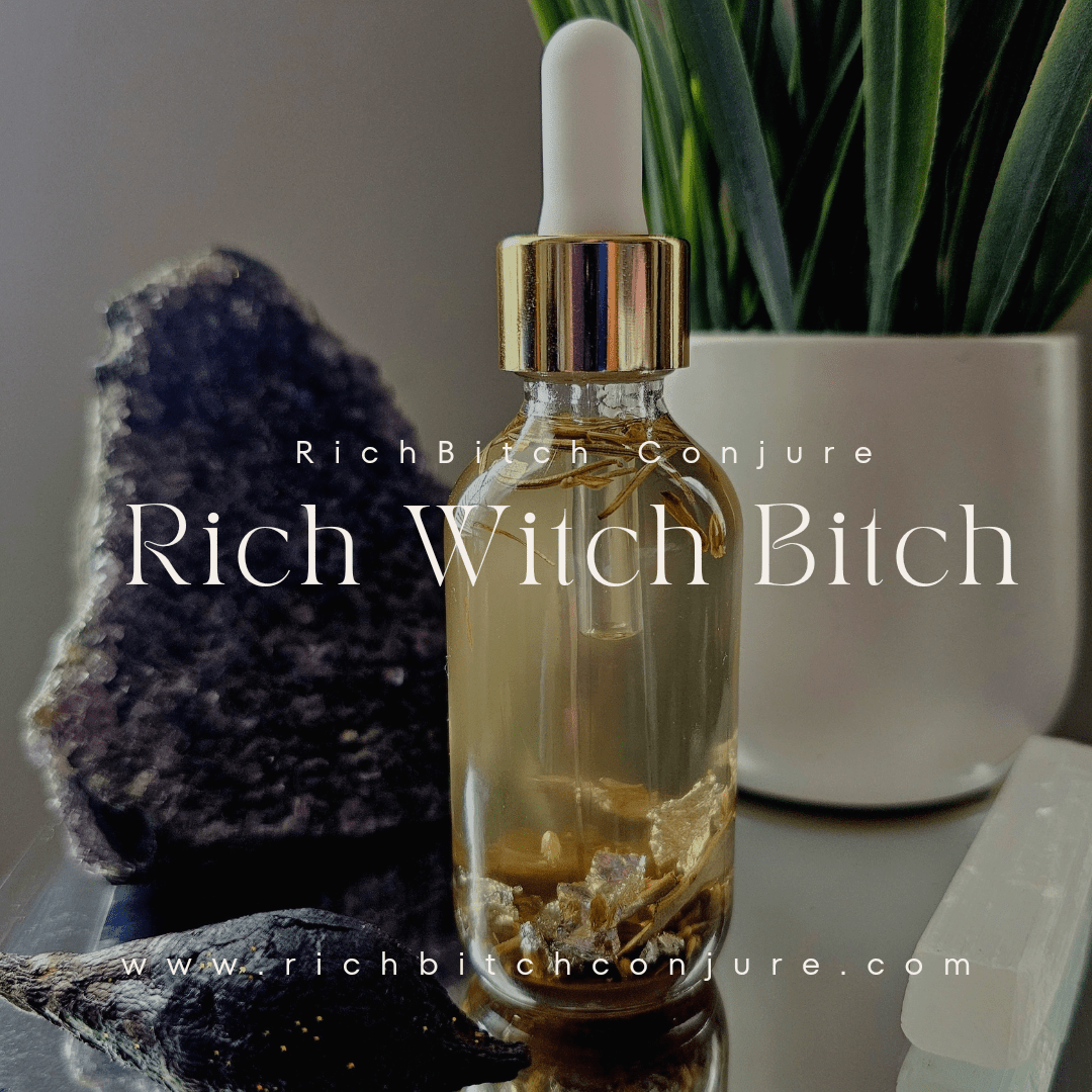 Rich Bitch Conjure Hoodoo Oil bottle with minimalist gray packaging, trendy outfit background, and natural lighting.