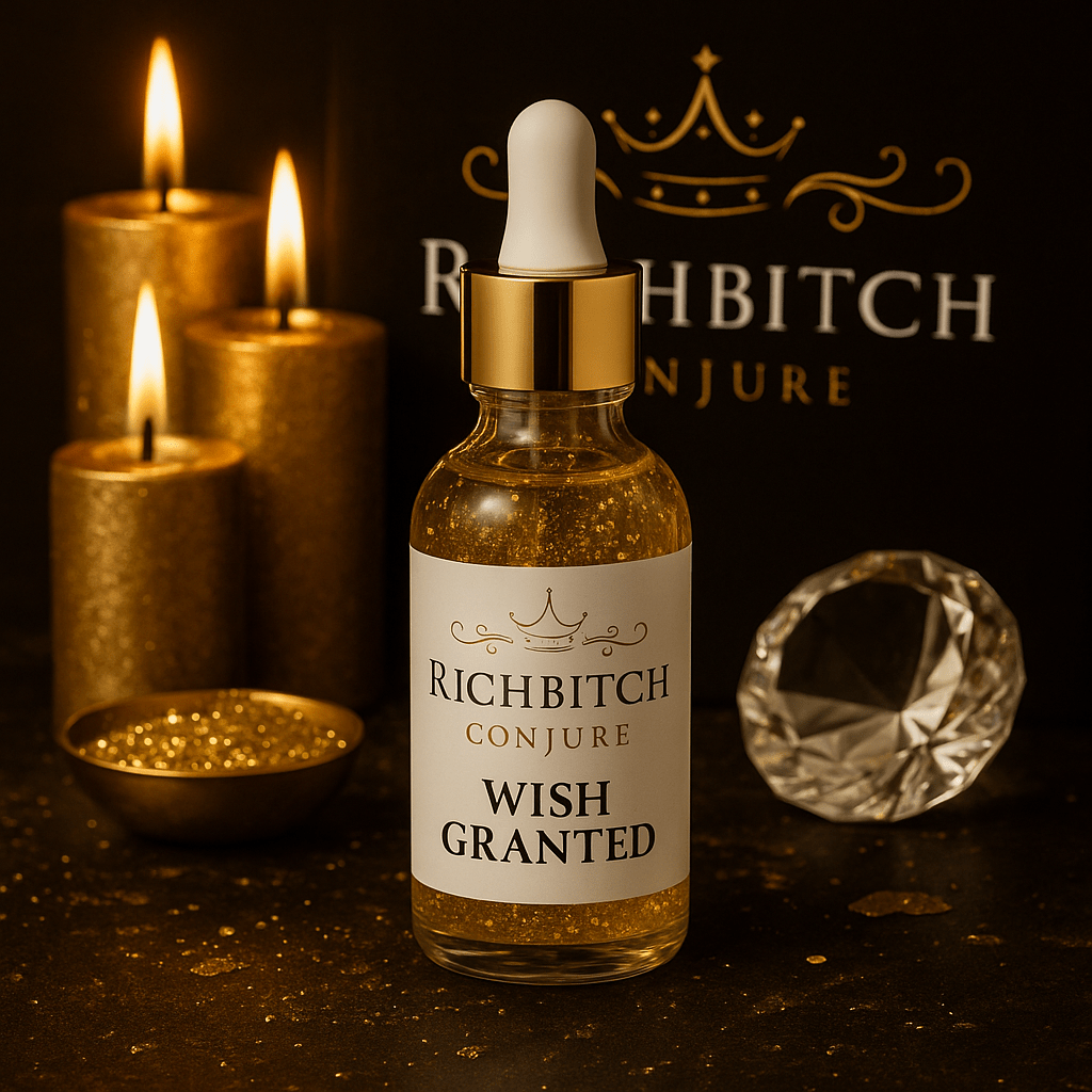 Rich Bitch Conjure Wish Granted Hoodoo Oil for rapid manifestation and miracles, shown in a small glass bottle with a label.
