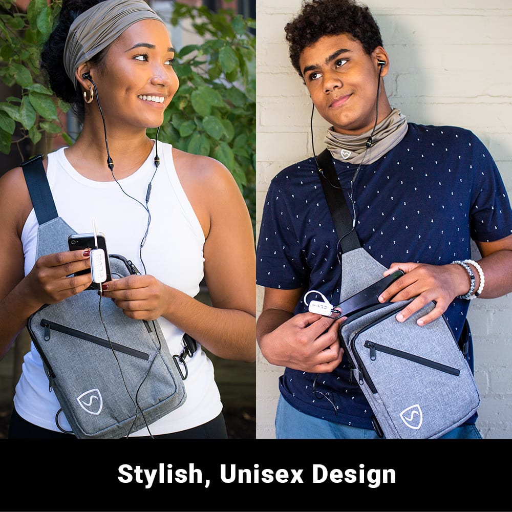Unisex Shield Your Body SYB Sling Bag backpack with adjustable strap and multiple compartments on a plain background