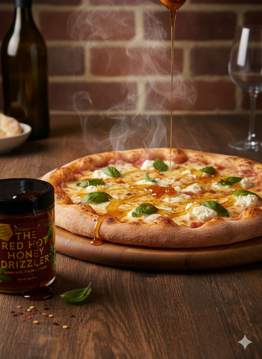 Simrancooks Red Hot Honey Drizzler drizzle over a New York-style pizza showcasing sweet and spicy hot honey flavor.
