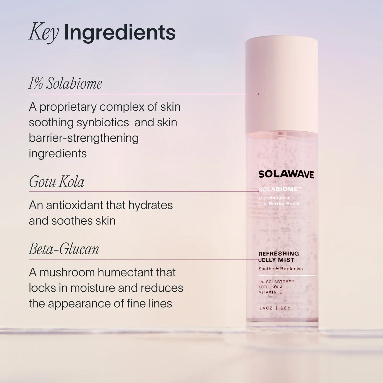 Solawave Pre- & Probiotic Refreshing Jelly Mist in a clear bottle, showcasing its lightweight, hydrating skincare formula.