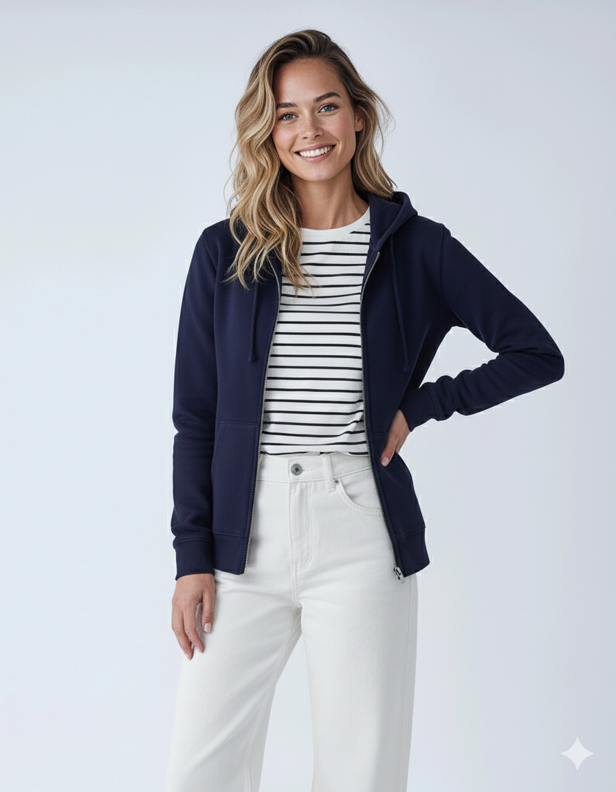 Unisex navy midweight fleece zip hoodie from SpectraUSA, shown with full front zipper and casual fit.
