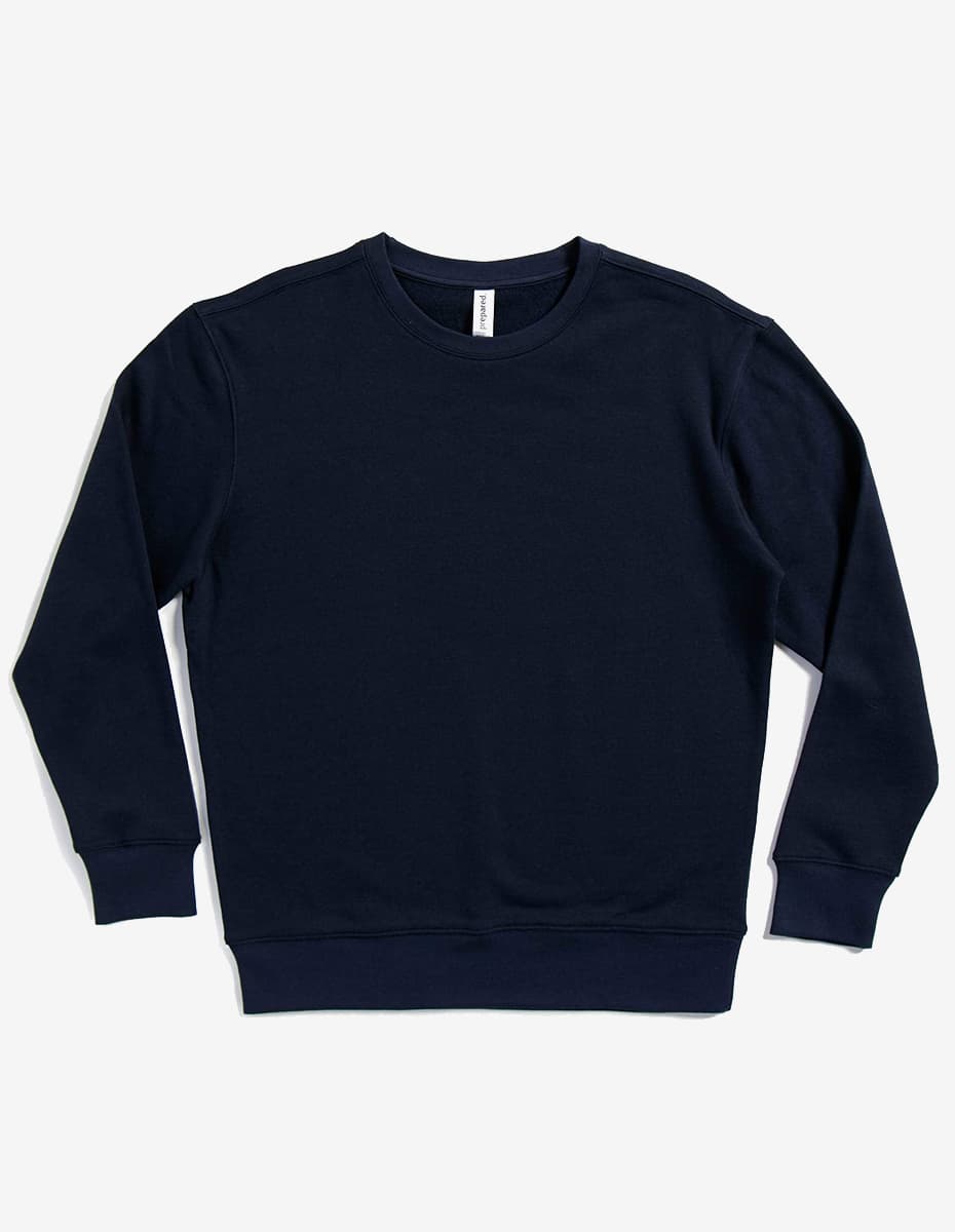 SpectraUSA navy crew neck fleece sweatshirt with drop shoulder design, unisex midweight pullover, flatlay view.