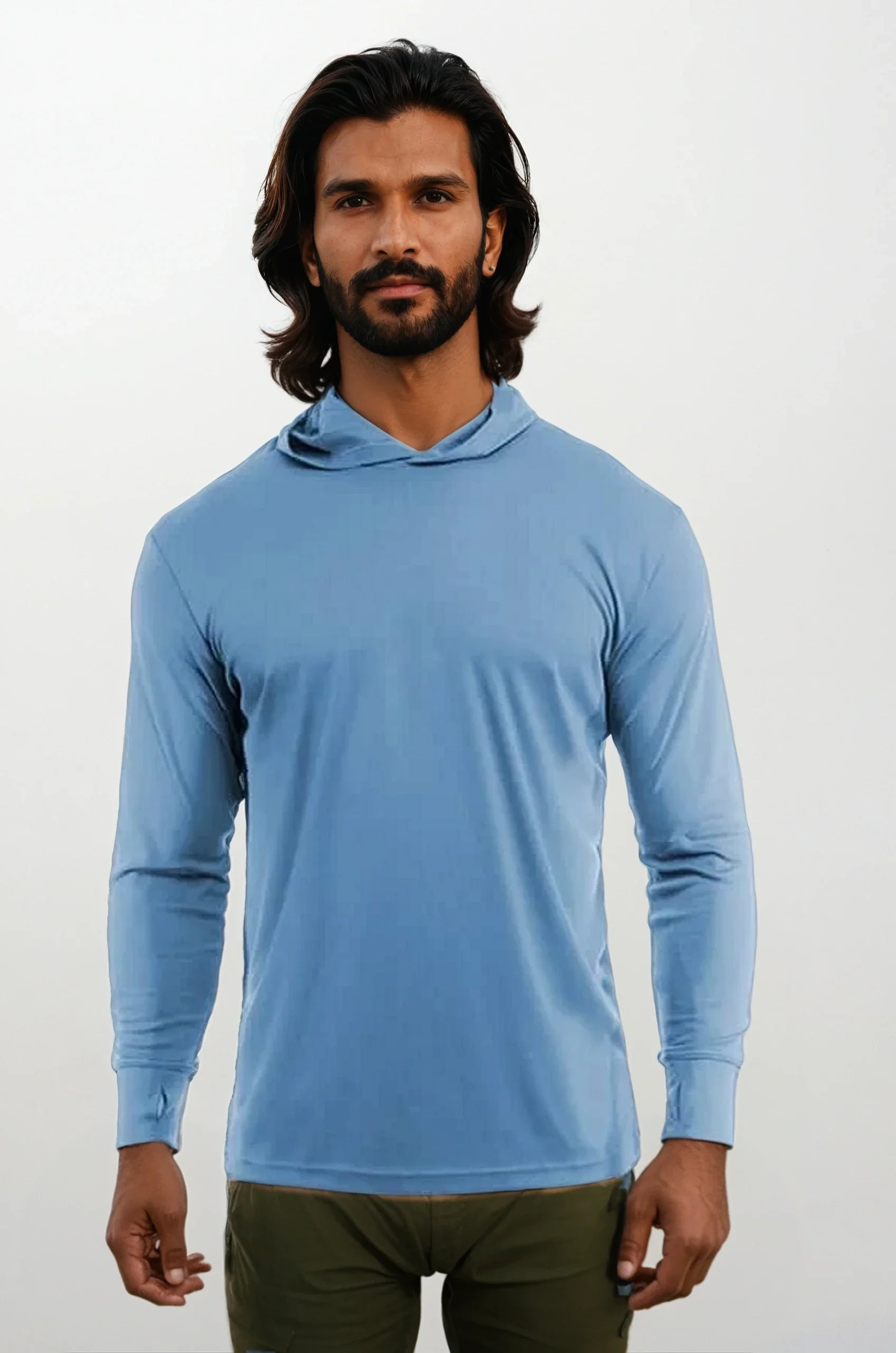 Light blue SpectraUSA UPF 50 performance long sleeve hoody, front view, designed for sun protection and active wear.