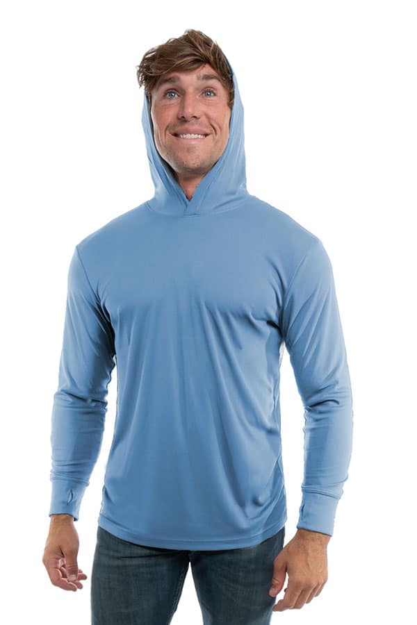 Light blue SpectraUSA UPF 50 performance long sleeve hoody with front view, showcasing breathable fabric and comfortable fit.