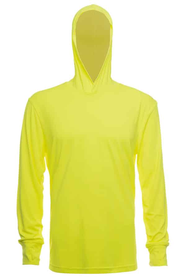 SpectraUSA UPF 50 long sleeve performance hoody in safety yellow, front view showing lightweight, breathable fabric and hood.