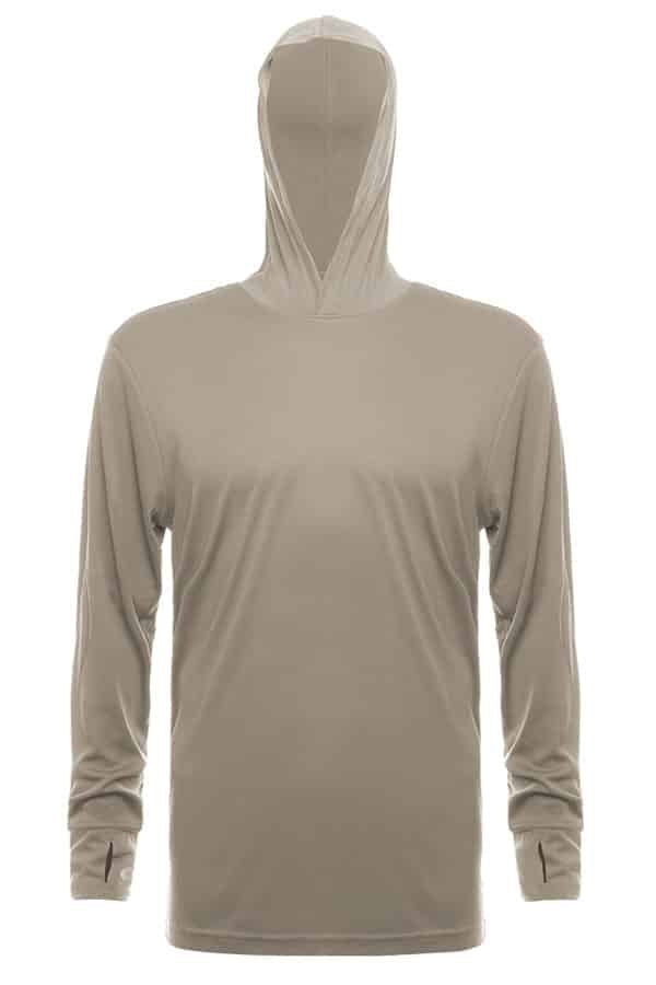 SpectraUSA UPF 50 long sleeve performance hoody in warm grey, front view, lightweight sun protection for outdoor activities.