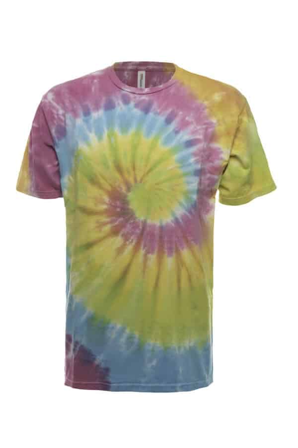 SpectraUSA Classic Spiral Tie-Dye t-shirt featuring a vibrant multicolor spiral design on front, casual unisex tee.