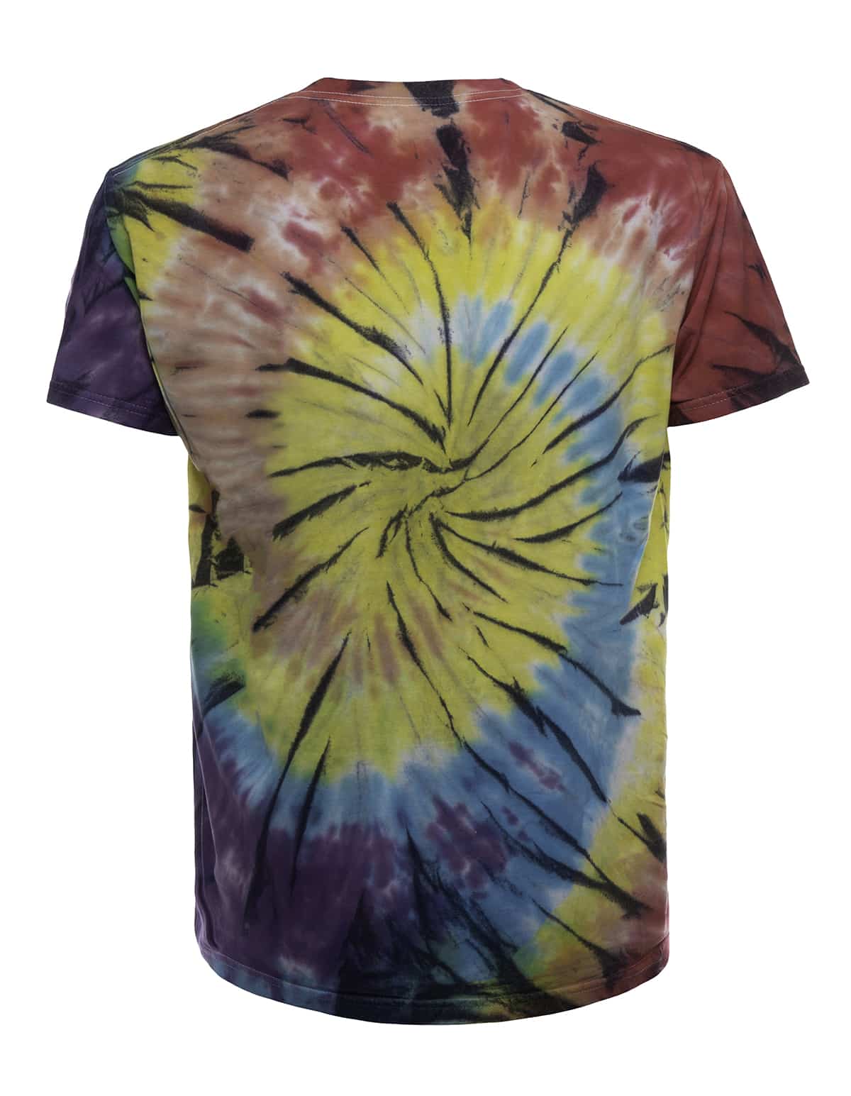 Rainbow spiral tie-dye T-shirt by SpectraUSA, featuring vibrant multicolor swirl pattern on the back.