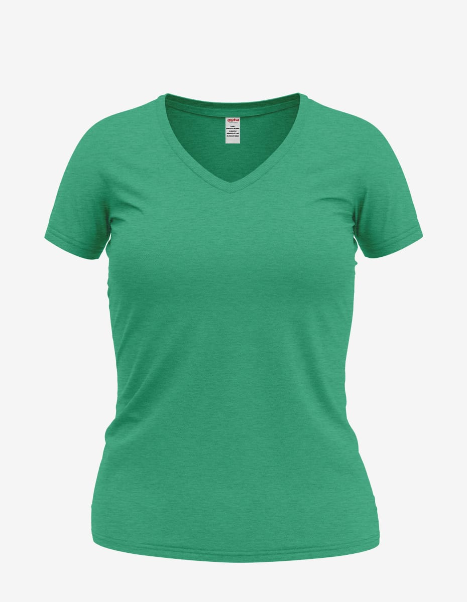 Front view of a women’s Wonder V-Neck 8650 top by SpectraUSA in Kelly Heather color, showcasing the V-neck design and soft fabric.