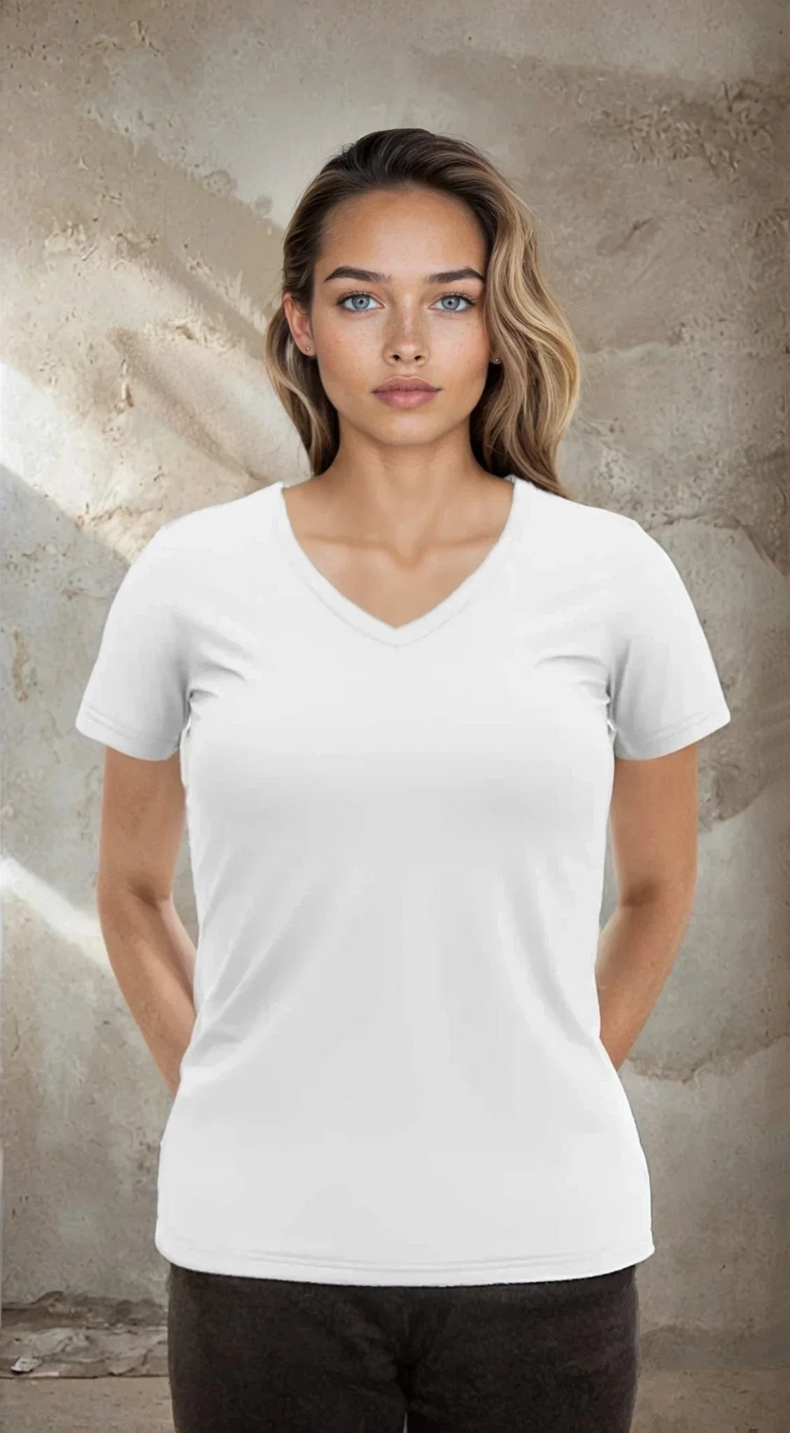 Women’s Wonder V-Neck by SpectraUSA, featuring a stylish V-neck design and comfortable fit, shown in a front view.