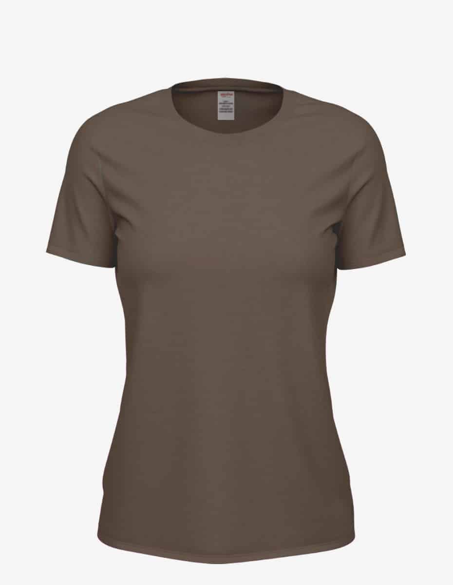 Women’s brown heather Club Crew T-Shirt by SpectraUSA, front view showing comfortable crew neck and casual fit.