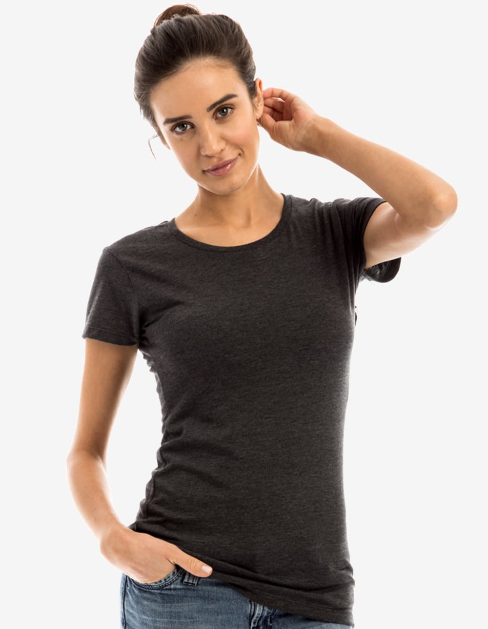 Women’s charcoal heather Club Crew T-Shirt by SpectraUSA, casual fit with crew neckline, soft fabric, and stylish design.