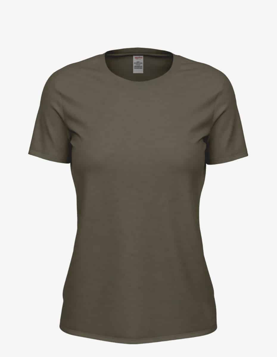Women’s olive heather Club Crew T-Shirt by SpectraUSA, front view showing casual crew neck and comfortable fit.