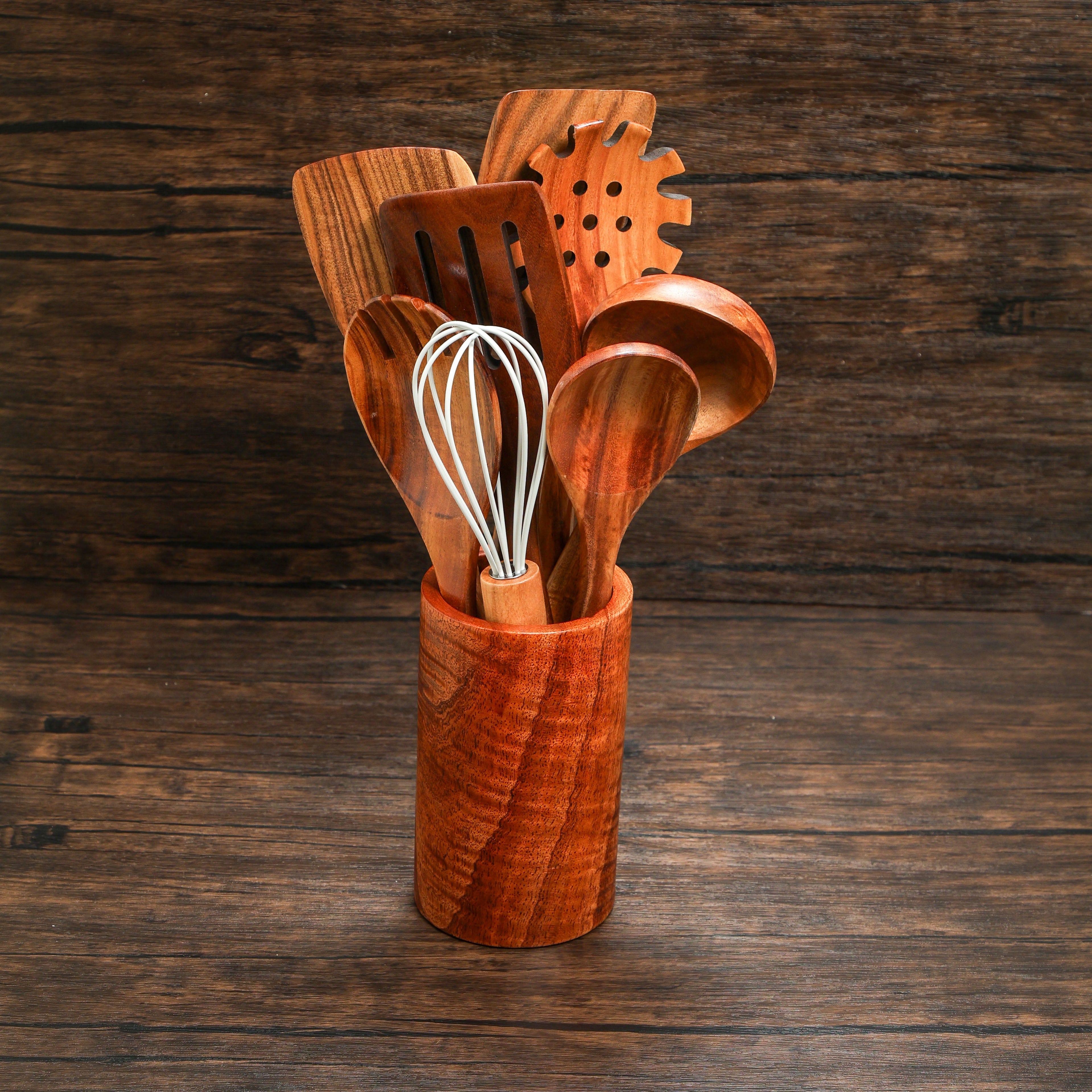 Set of three acacia wood spoons for containers by Spice Wheel, featuring smooth handles and natural wood grain.