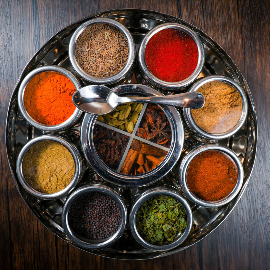 Indian Spice Wheel, a colorful spice wheel displaying various Indian spices in a square format, from Spice Wheel brand.