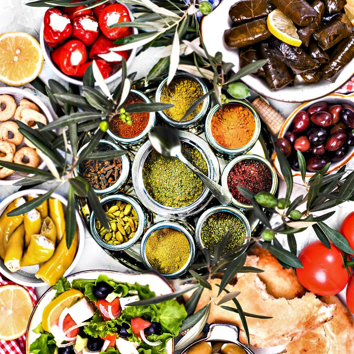 Mediterranean Spice Wheel by Aurora displaying a colorful, circular spice wheel with various Mediterranean herbs and spices.