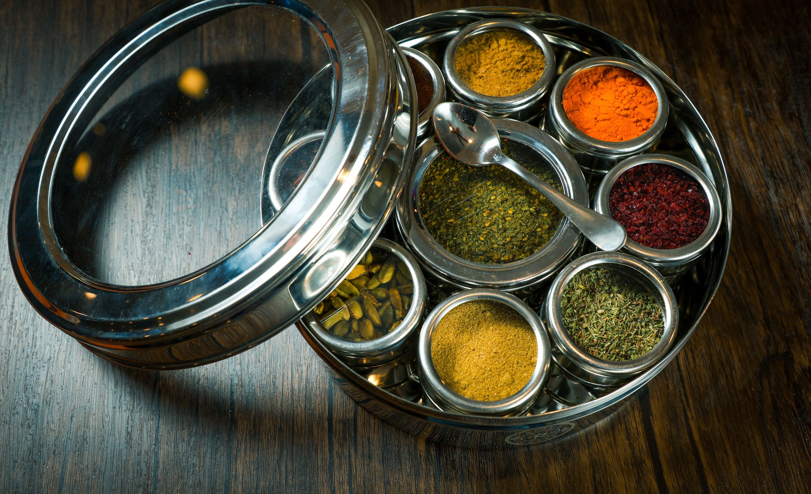 Mediterranean Spice Wheel showing colorful sections with various herbs and spices on a round spice wheel.