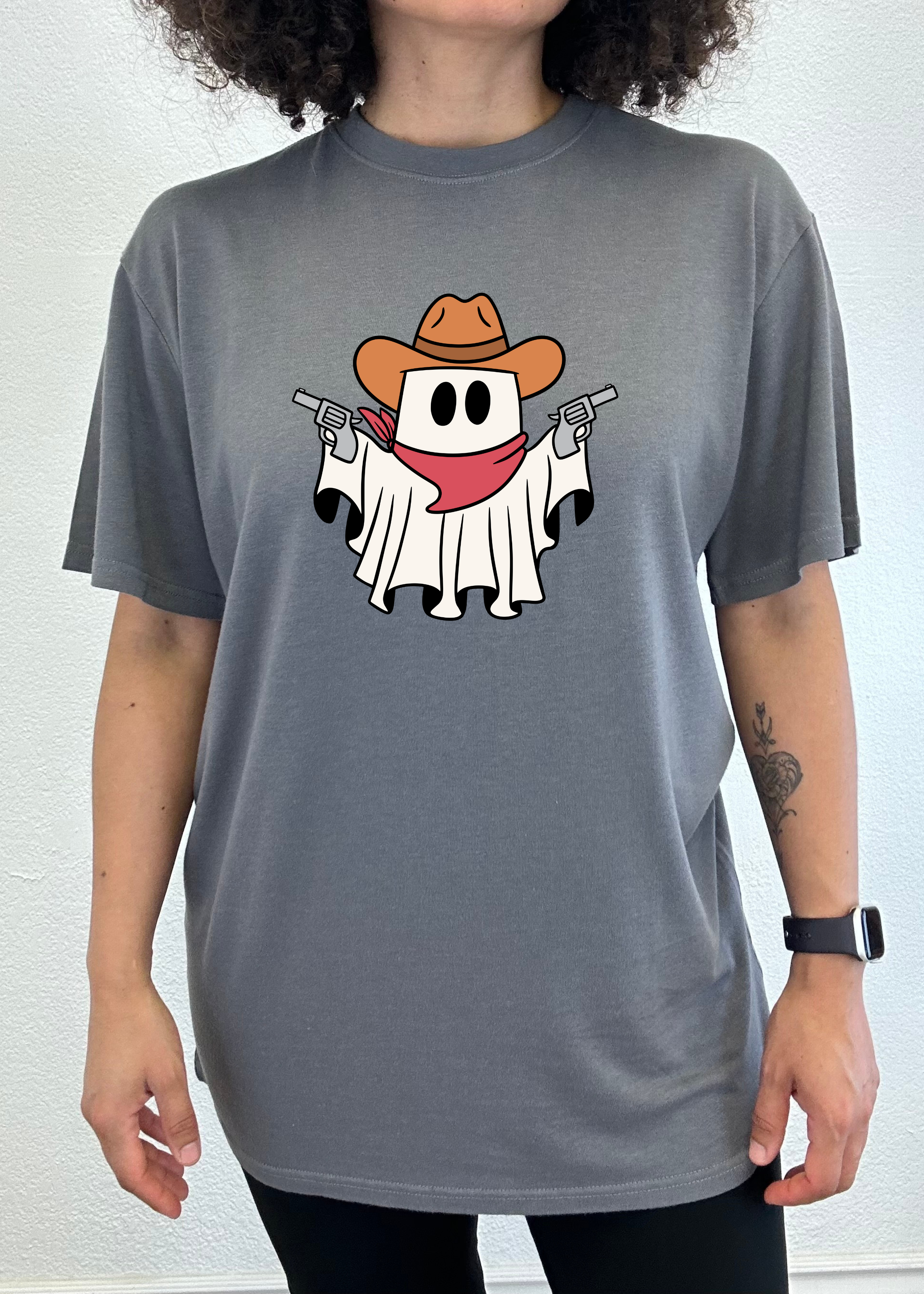 Spun Bamboo cowboy ghost unisex short sleeve graphic T-shirt in bamboo viscose and organic cotton with printed design.
