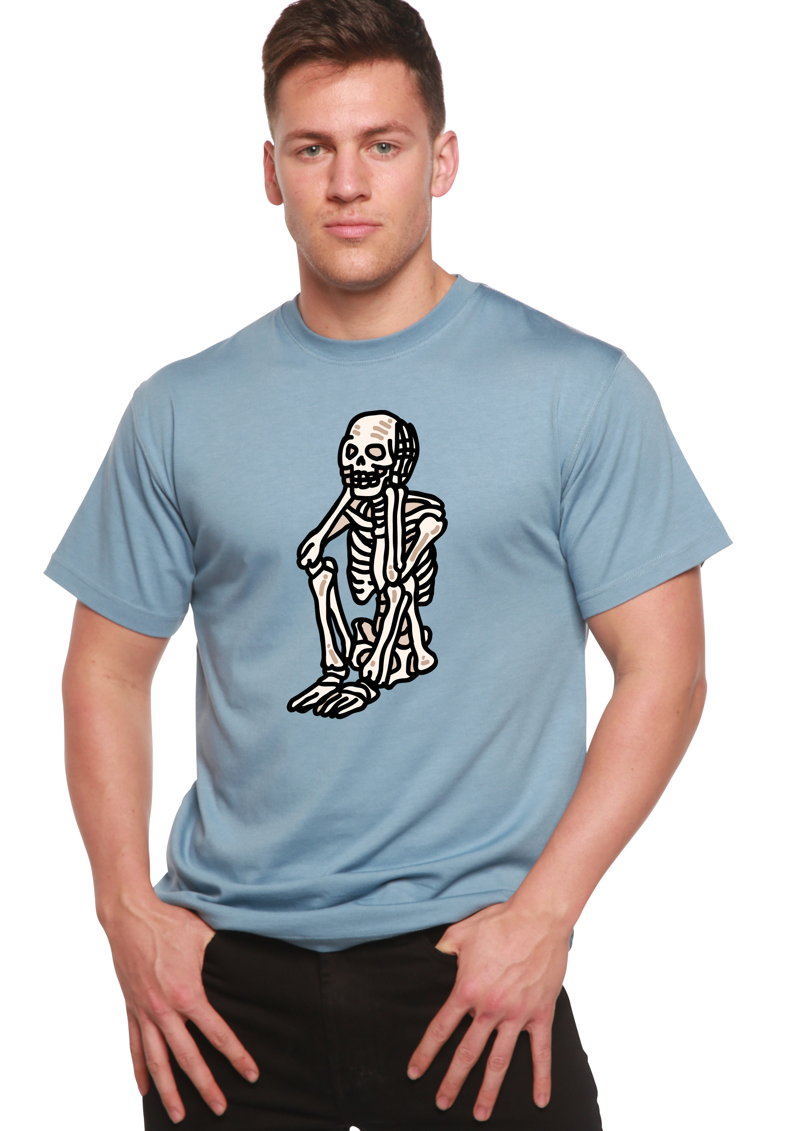 Mens Sad Skeleton Halloween T-shirt by Spun Bamboo featuring a graphic skeleton design on short sleeve organic cotton tee.
