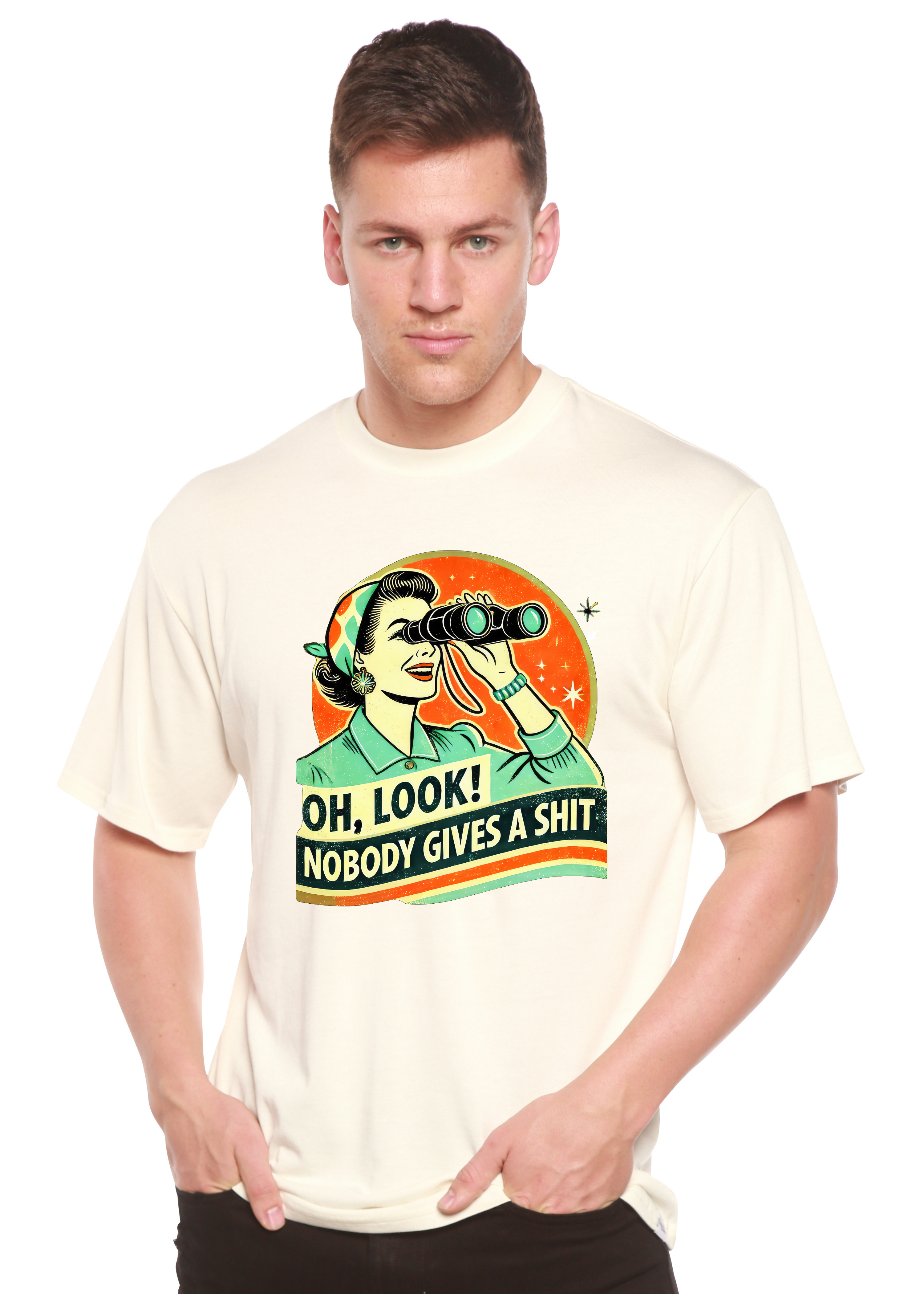 Unisex bamboo cotton graphic T-shirt for men with retro funny woman design by Spun Bamboo, casual and comfortable style.