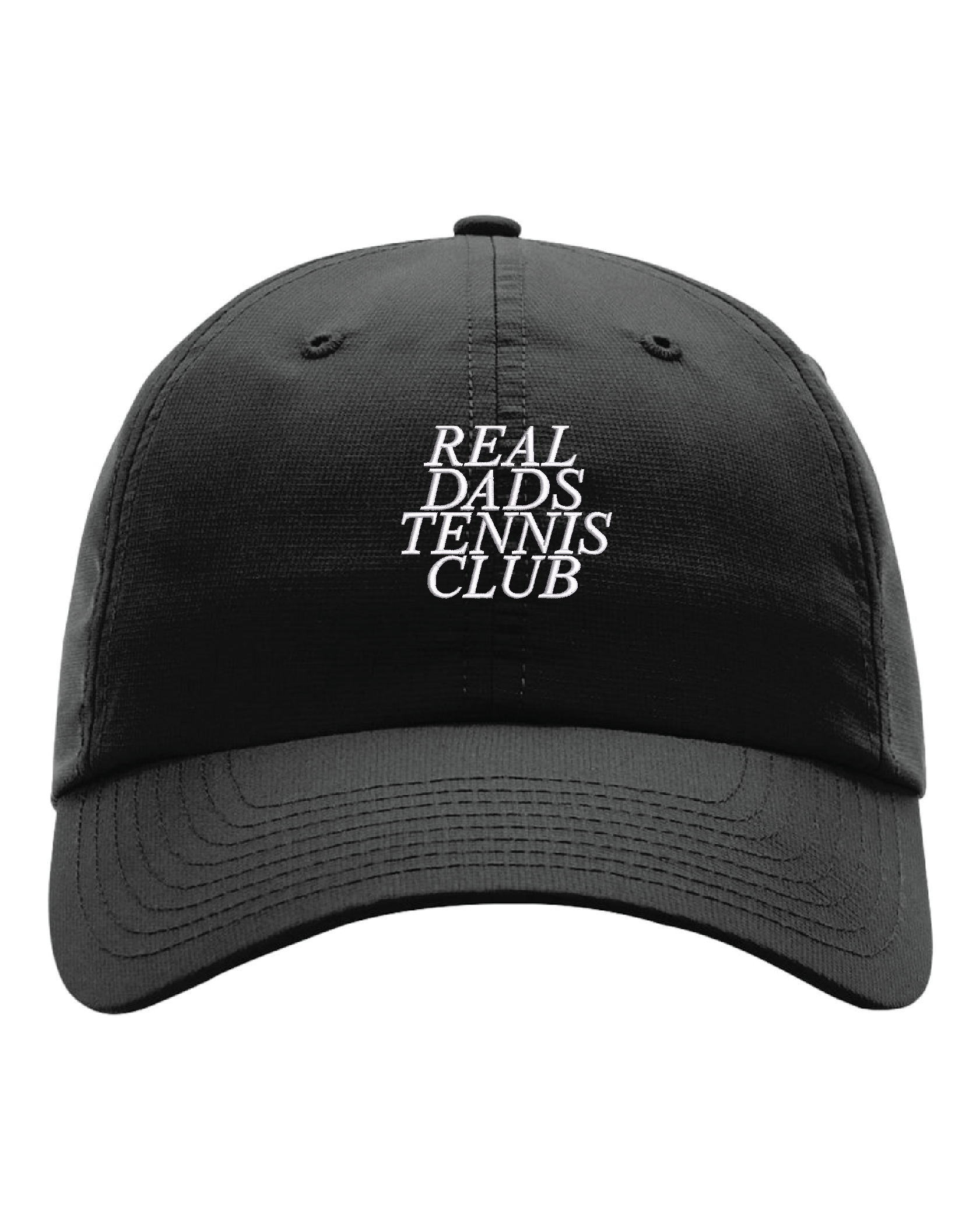 Black Real Dads Tennis Club Cap with curved brim and adjustable strap, casual sports style for men.