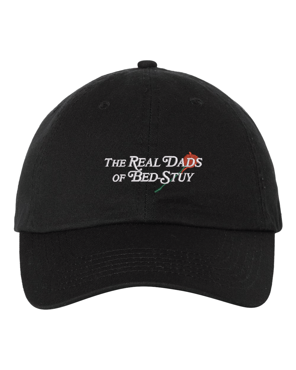 Black RDOB Cap by The Real Dads featuring a curved brim and adjustable strap, shown on a neutral background.