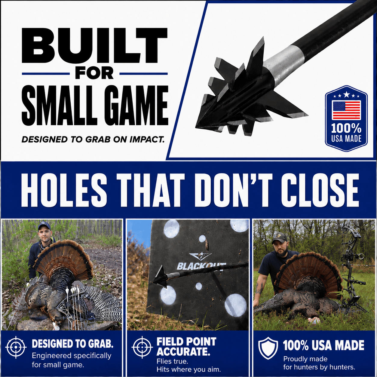 Tooth of the Arrow Broadheads TOTA 100 Grain fixed blade broadhead for small game and turkey hunting, shown with three sharp blades.