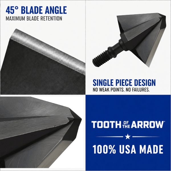 Tooth of the Arrow Broadheads TOTA 125 grain fixed blade broadhead with 1-inch single bevel, designed for precise hunting.