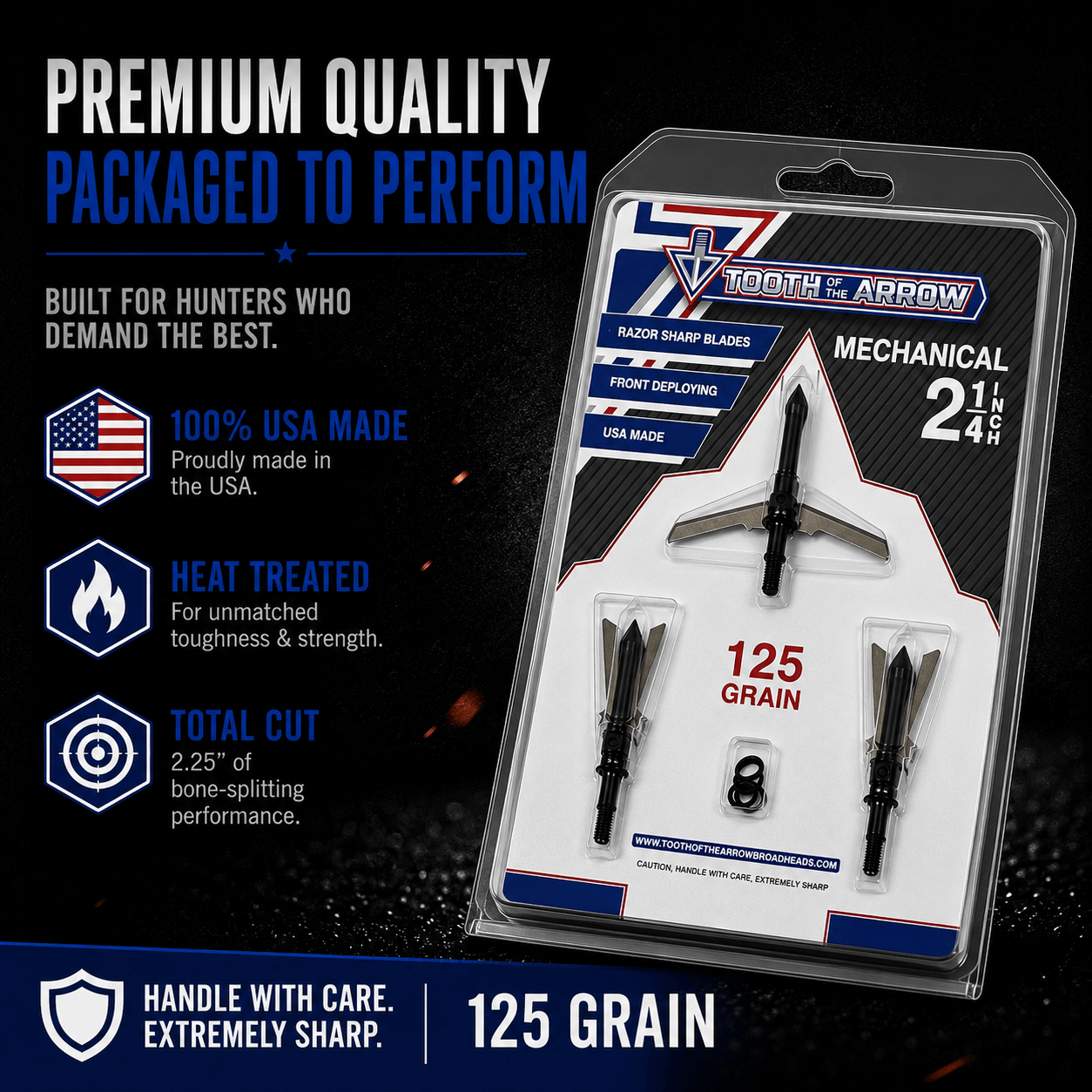 Tooth of the Arrow Broadheads TOTA 2-Blade Expandable Broadhead with 2.25-inch cut and 125 grain for hunting.