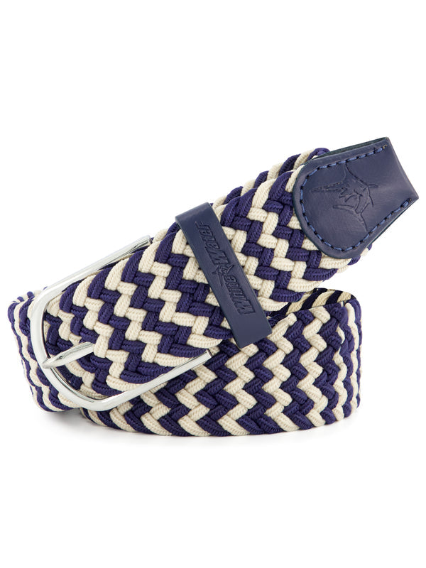 Navy and white braided Waterline belt by White Water Life, featuring a woven design and adjustable buckle for casual wear.