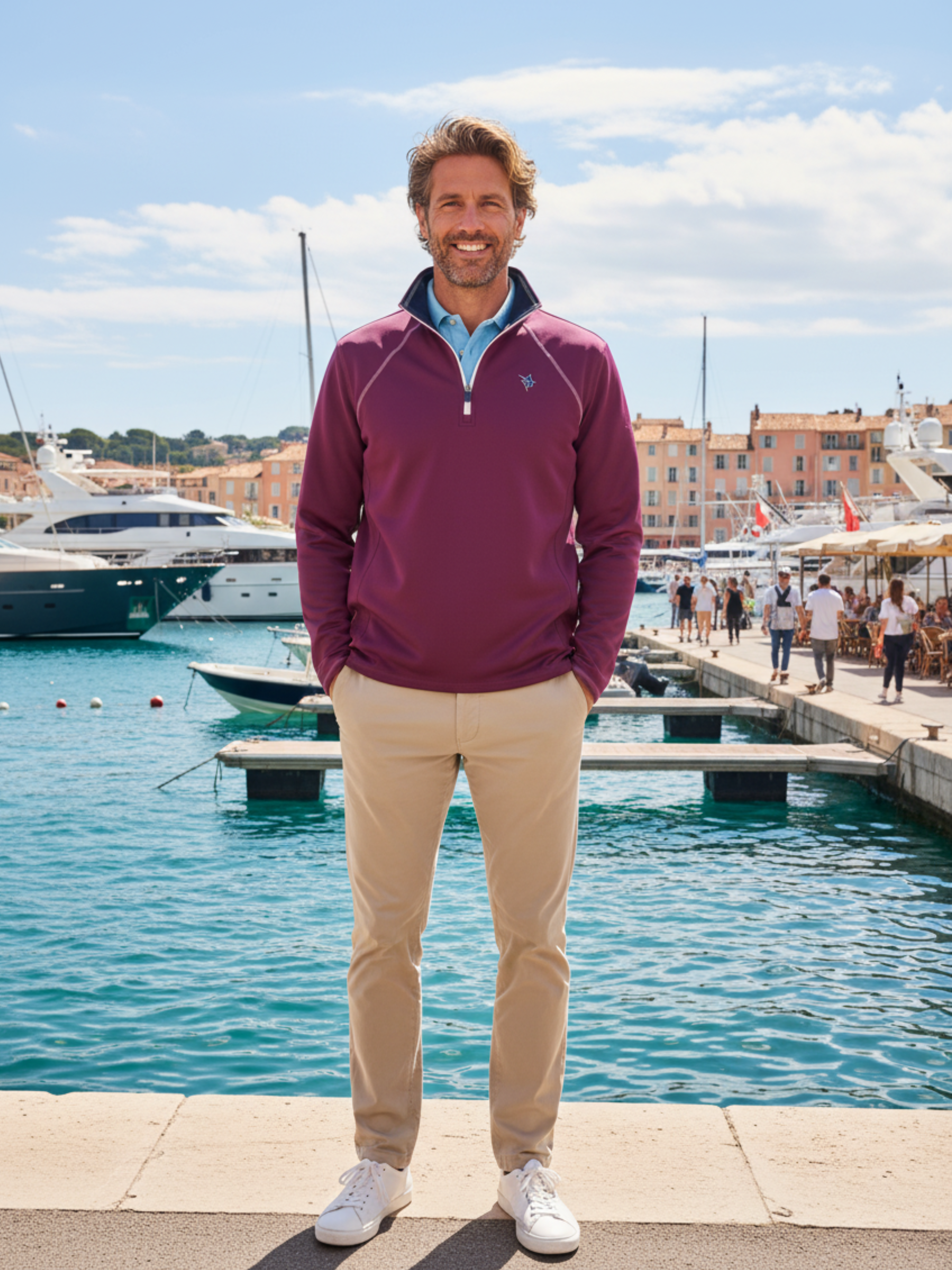 White Water Life Harbor Plum quarter zip sweatshirt showing a relaxed fit and soft fabric, ideal for casual comfort.