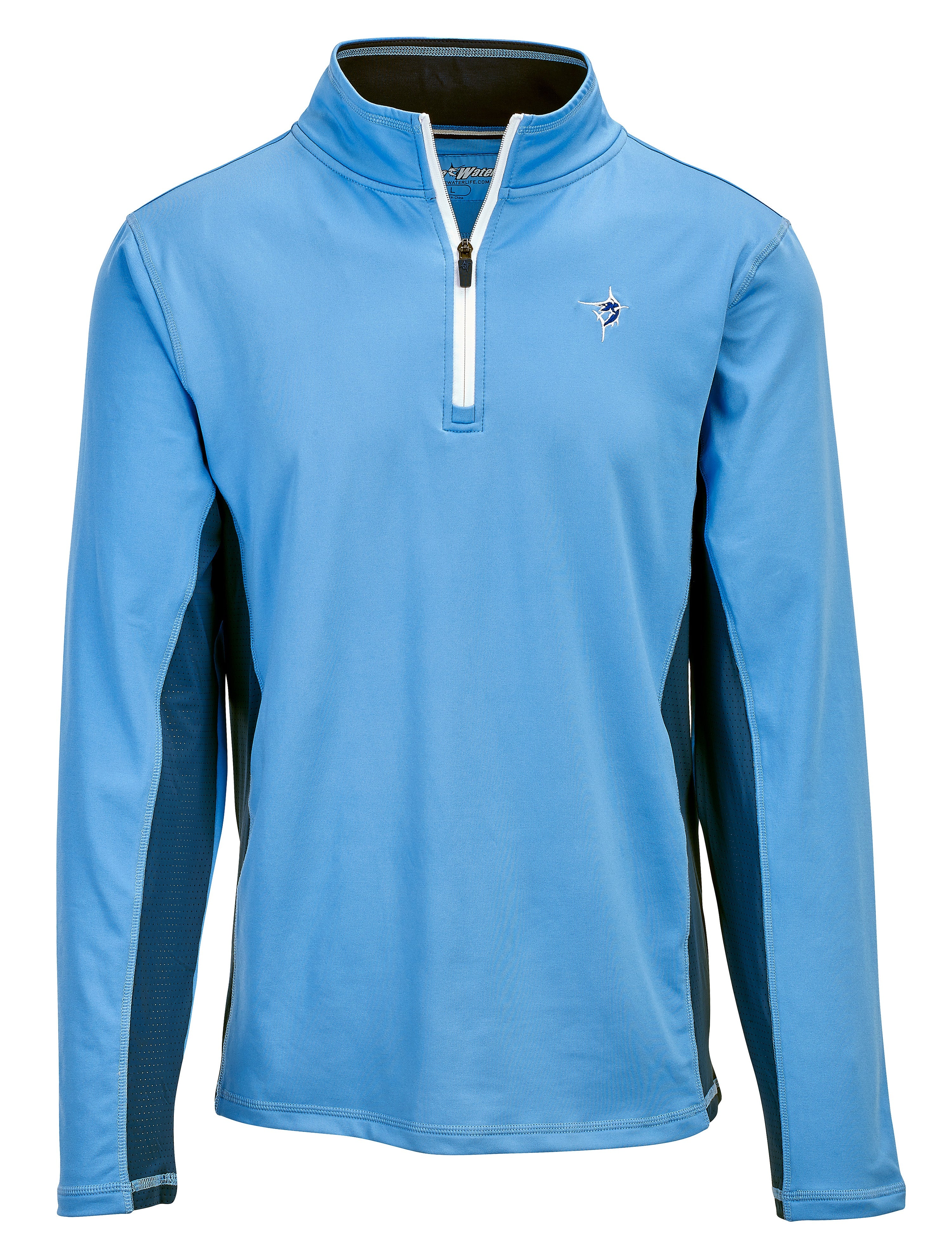 White Water Life Montauk quarter zip in midweight fabric, shown in a close-up of the navy-colored, comfortable quarter zip top.