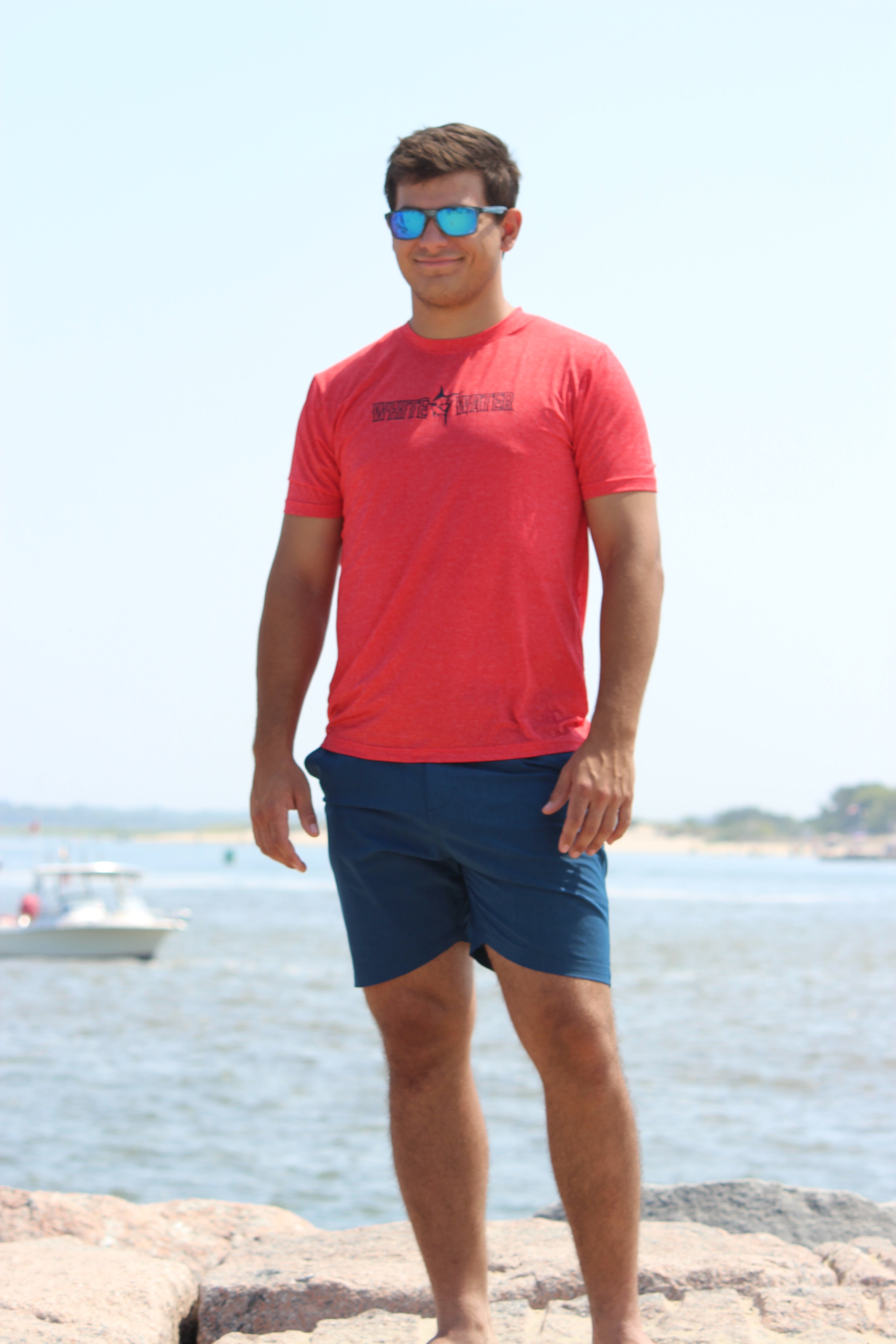 White Water Life Bimini Primary Performance Tee, short sleeves, lightweight fabric, navy color, casual outdoor style.