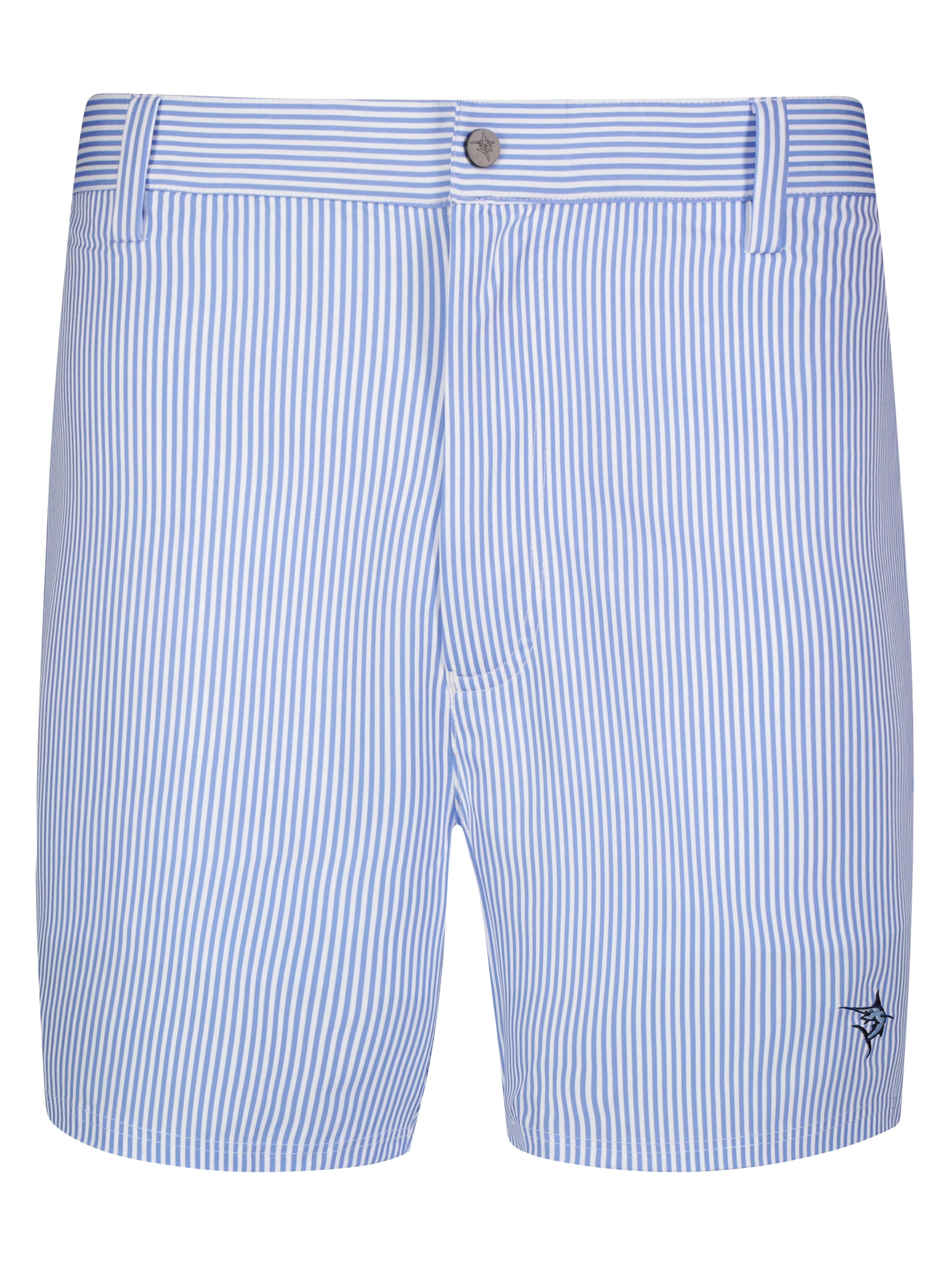 Blue seersucker Freeport shorts by White Water Life, featuring a casual, effortless design perfect for warm weather.