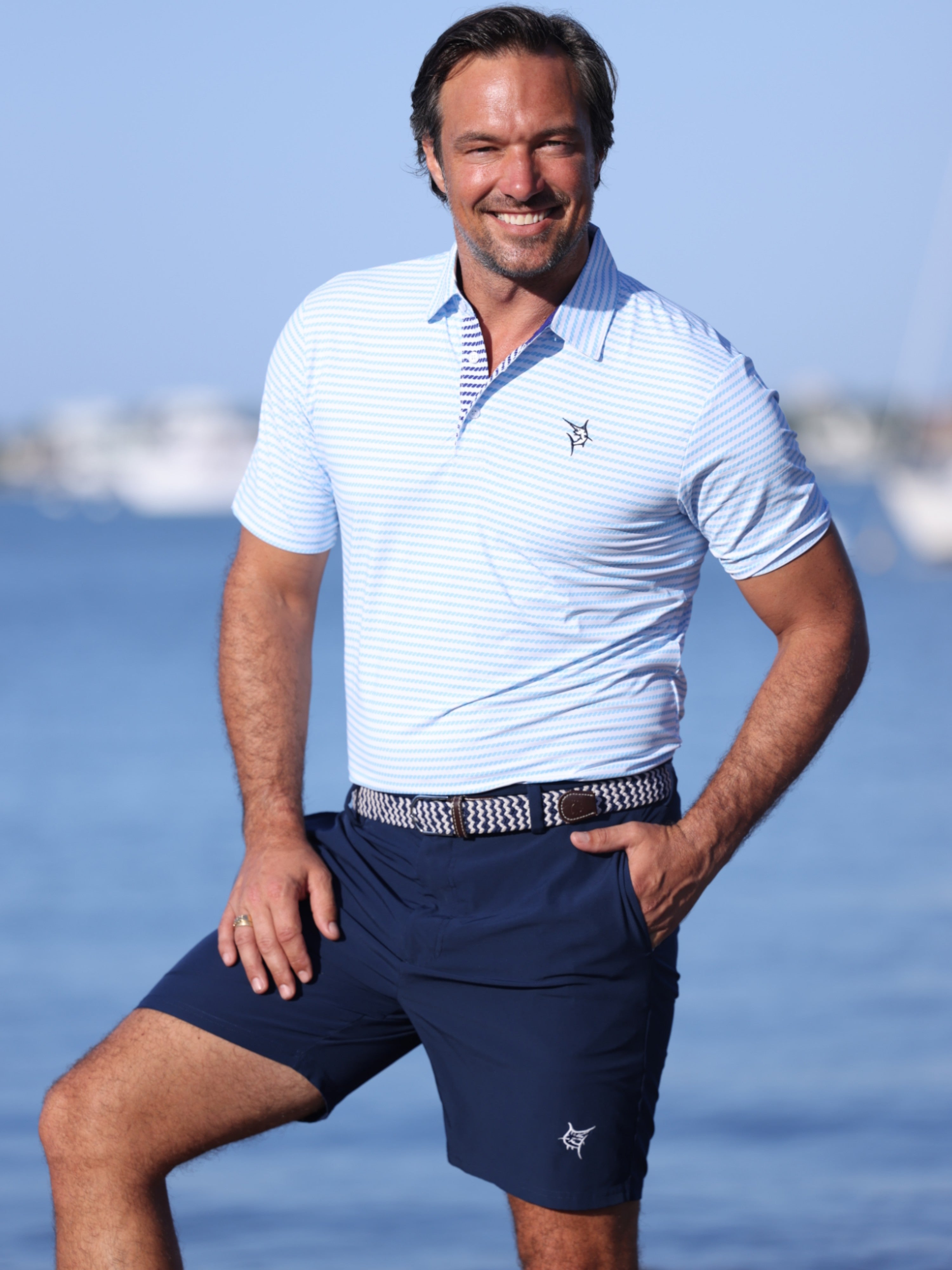 Navy White Water Life Freeport Short shorts with dock line detailing, casual and comfortable for outdoor activities.