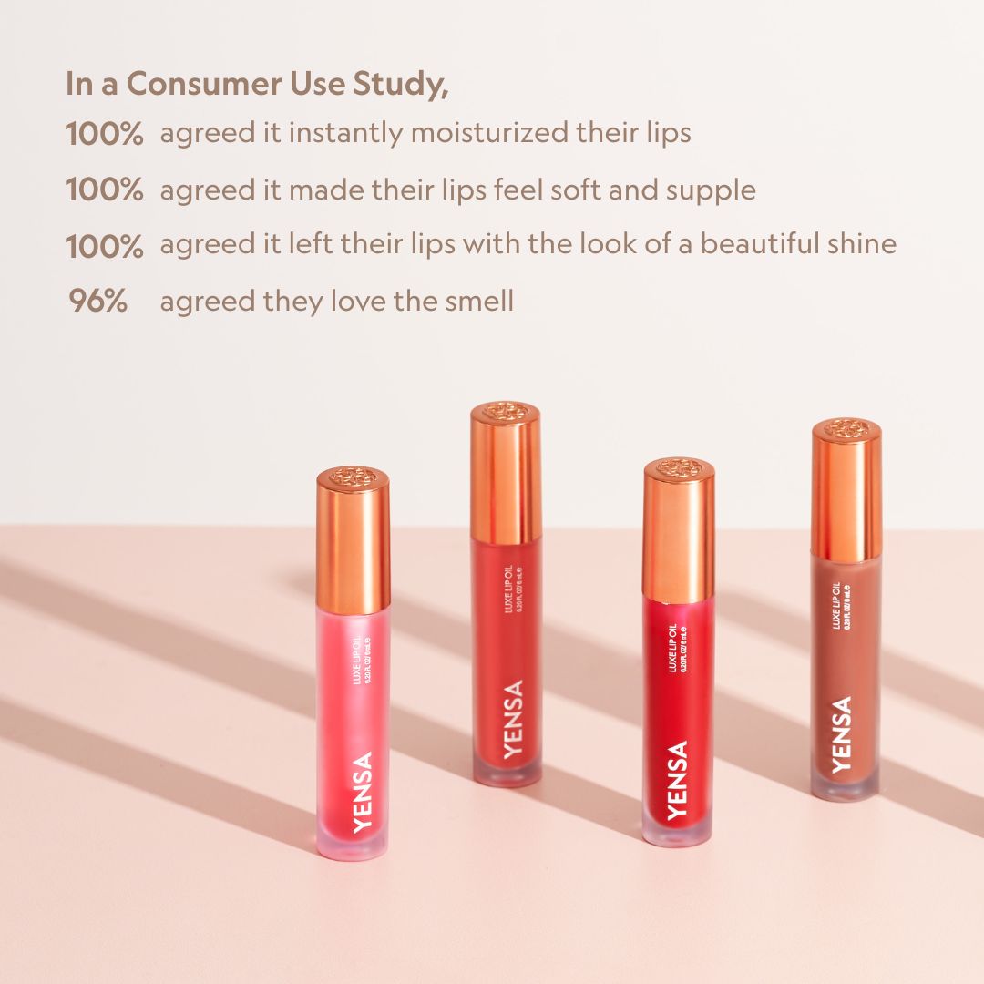 YENSA Luxe Lip Nourishing Oil with hyaluronic and vitamin E, showing a sleek lip oil bottle with a clear, glossy finish.