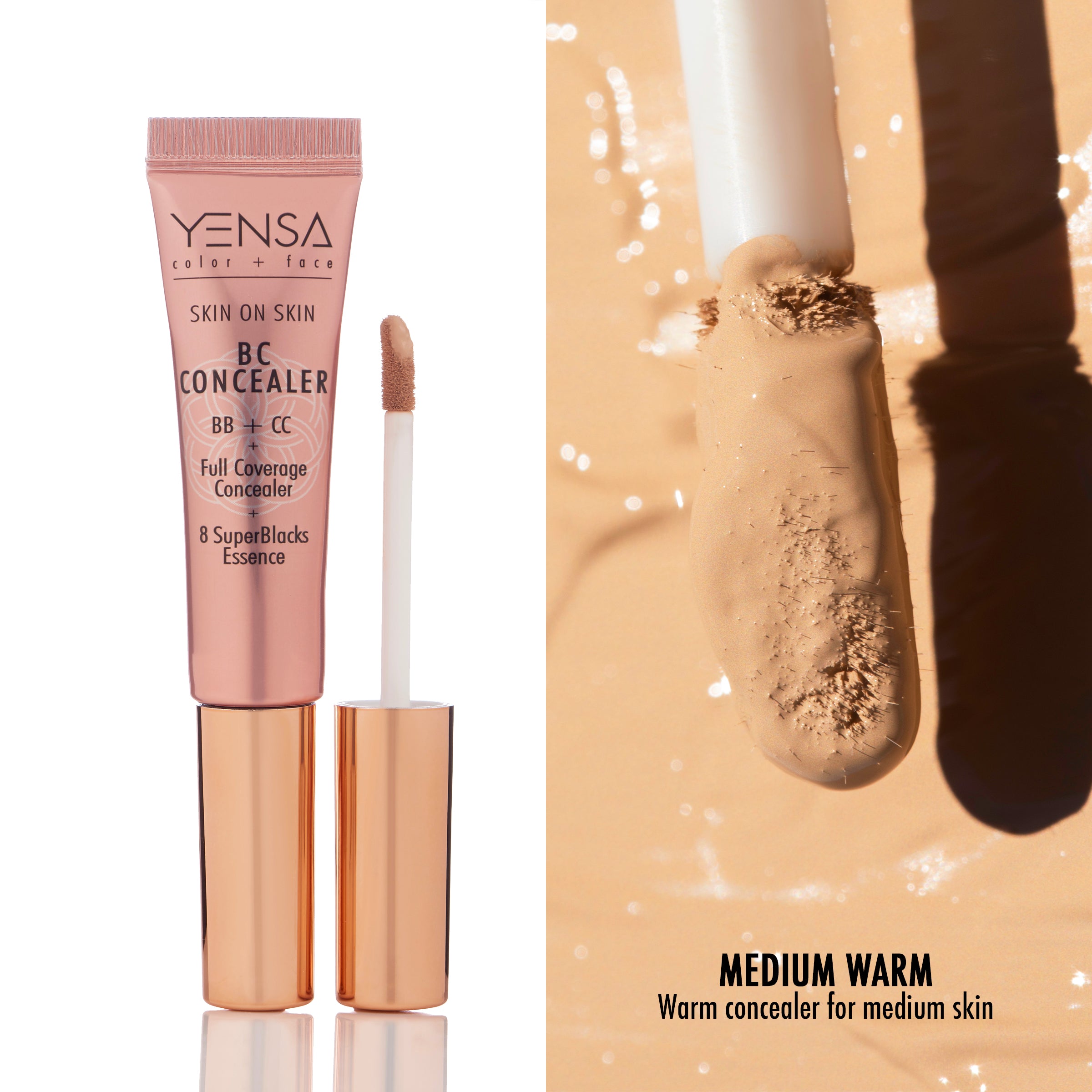 YENSA Skin On Skin BB + CC full coverage hyaluronic serum concealer swatch in medium warm shade on skin.