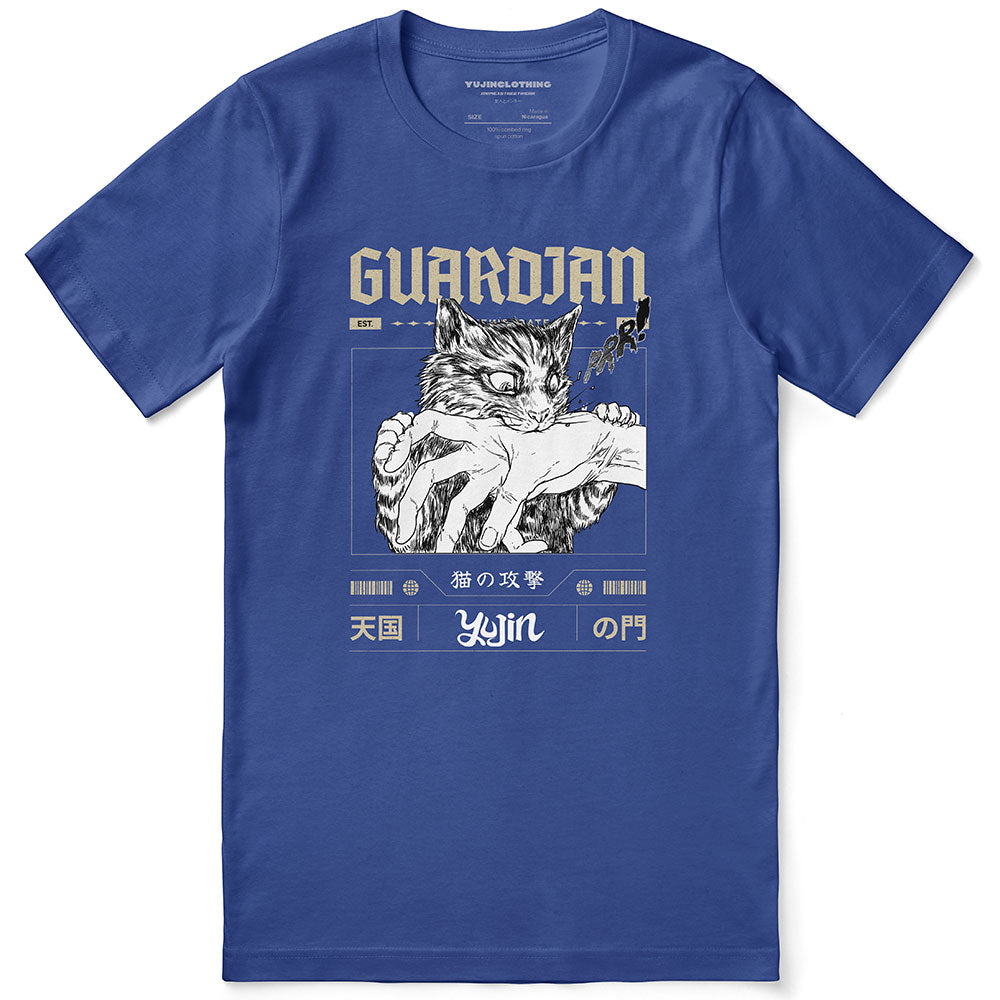 Yūjin Clothing Guardian Cat T-Shirt featuring a detailed graphic of a guardian cat design on soft fabric.