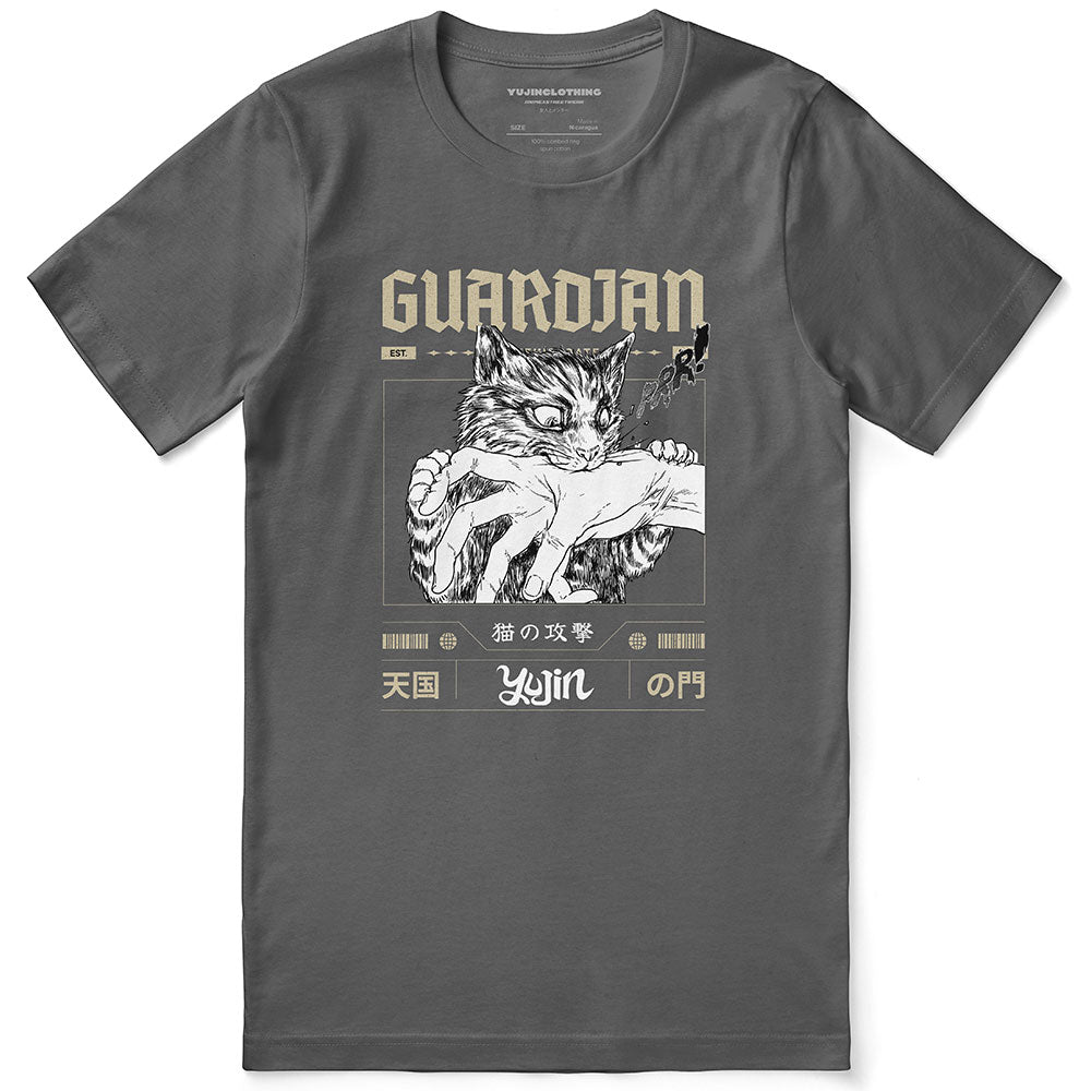 Guardian cat T-shirt by Yūjin Clothing featuring a stylish feline graphic on soft fabric for casual wear.