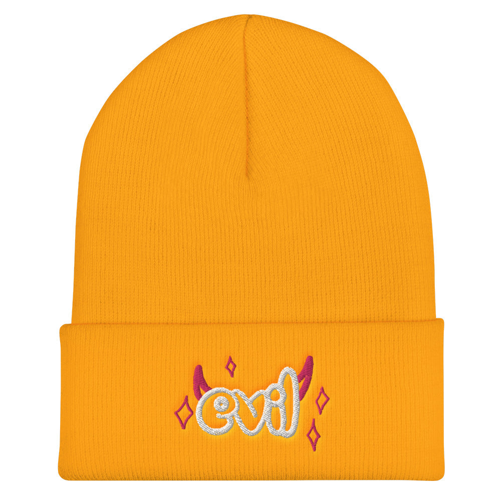 Black Evil Beanie headwear from Yūjin Clothing featuring a bold, edgy design perfect for streetwear style.