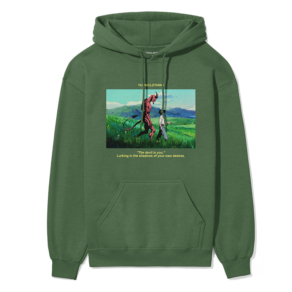 Yūjin Clothing Devil and Boy hoodie featuring a bold graphic print, soft fabric, and a comfortable fit for casual wear.
