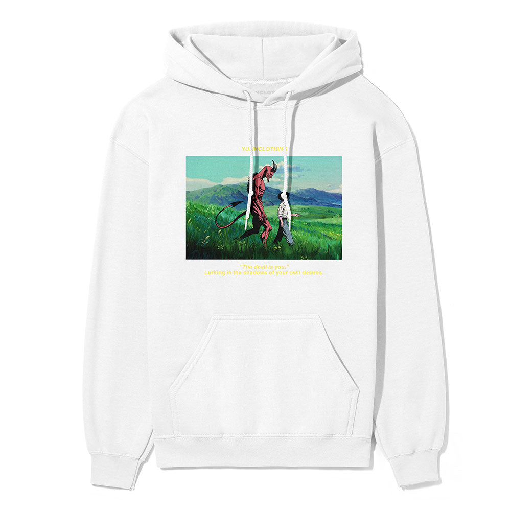 Yūjin Clothing devil and boy hoodie featuring a bold graphic design on a black hoodie for a stylish casual look.