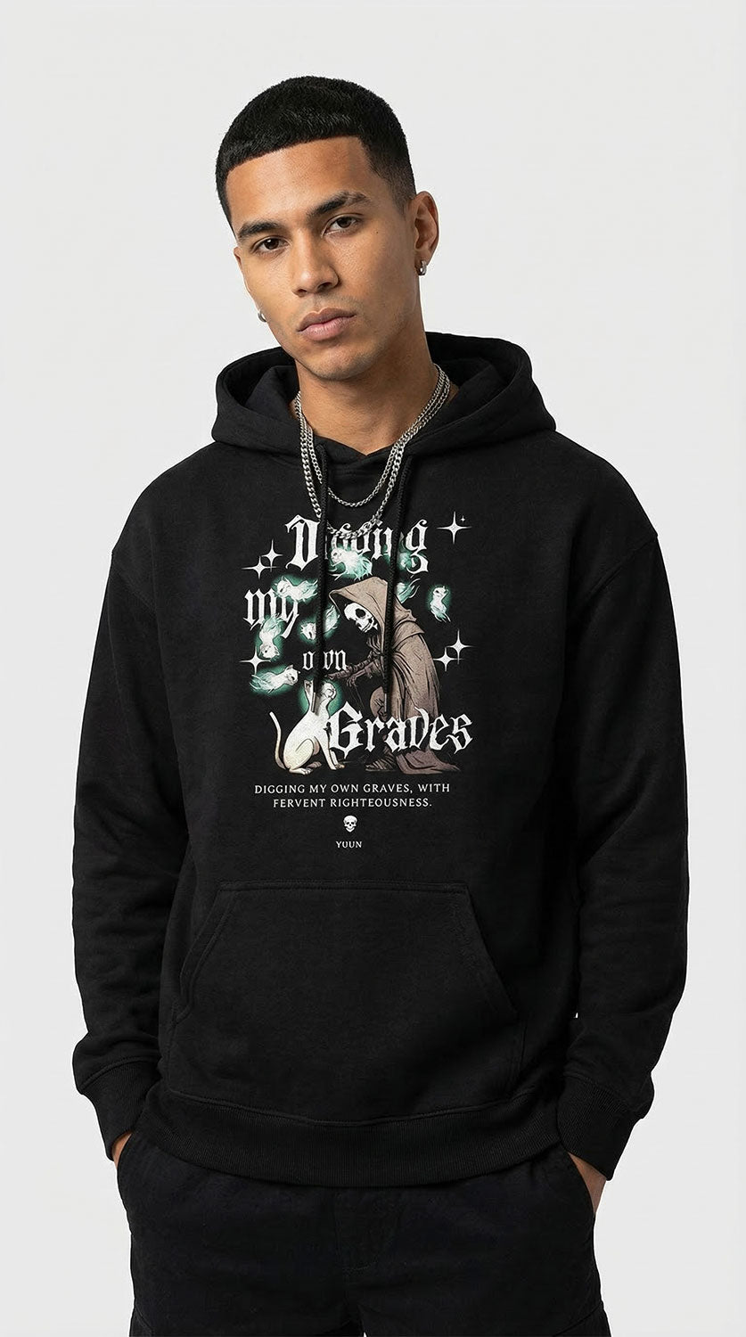 Yūjin Clothing digging my own graves cat hoodie featuring a black hoodie with a graphic of a cat and skull design