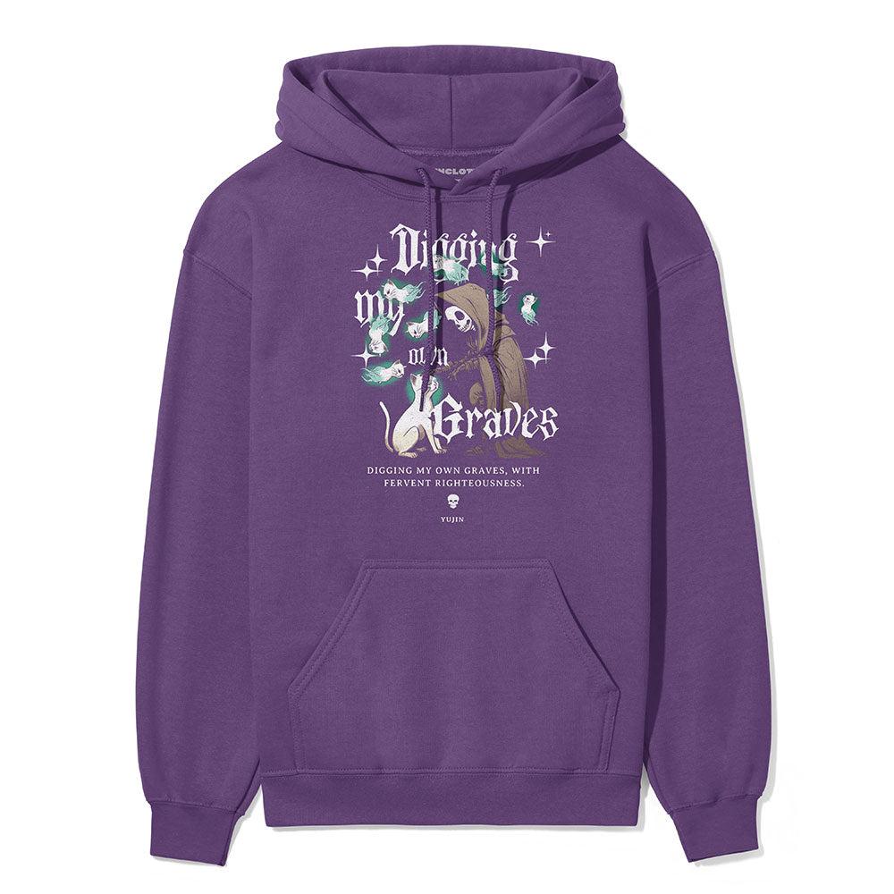 Yūjin Clothing digging my own graves cat hoodie featuring a black hoodie with a graphic of a cat and skull design.