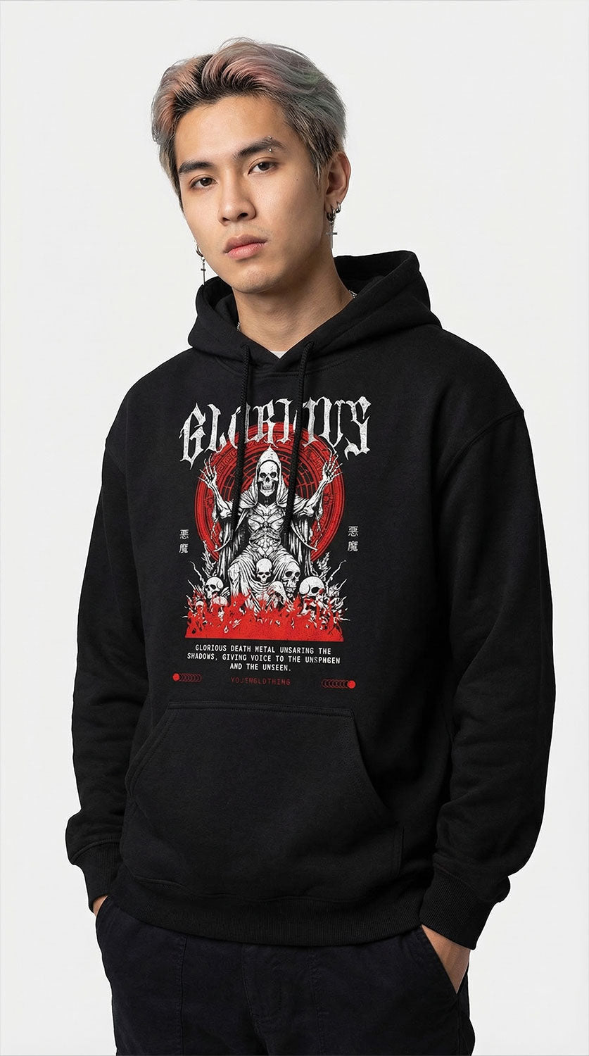 Yūjin Clothing Glorious Death hoodie featuring a dark, detailed graphic design on soft black fabric.
